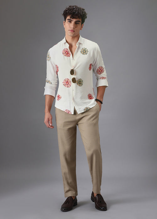 White Circular Embroidery Shirt