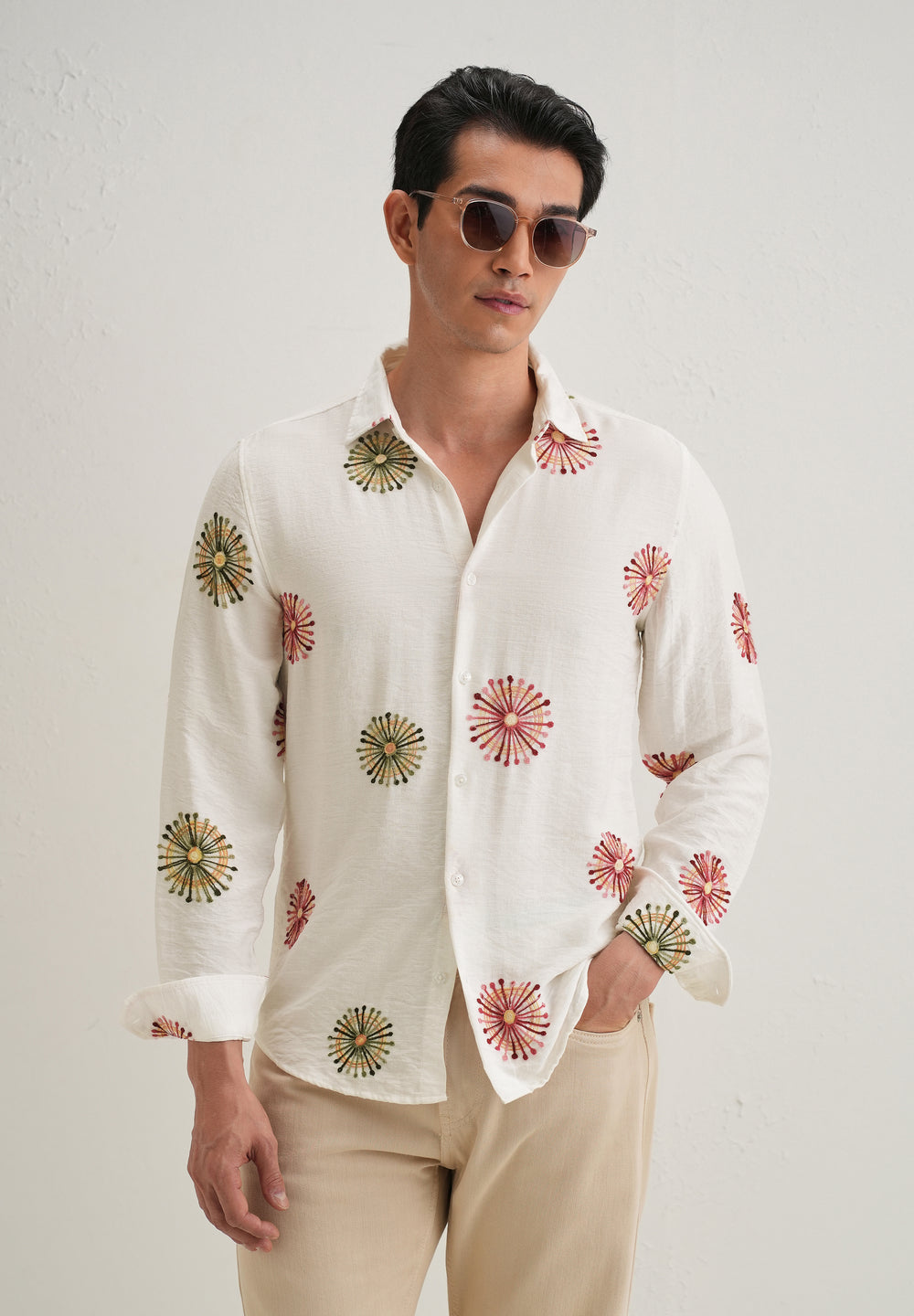 White Circular Embroidery Shirt