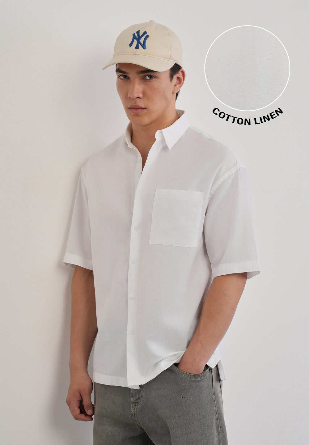White Cotton Linen Half Sleeve Shirt