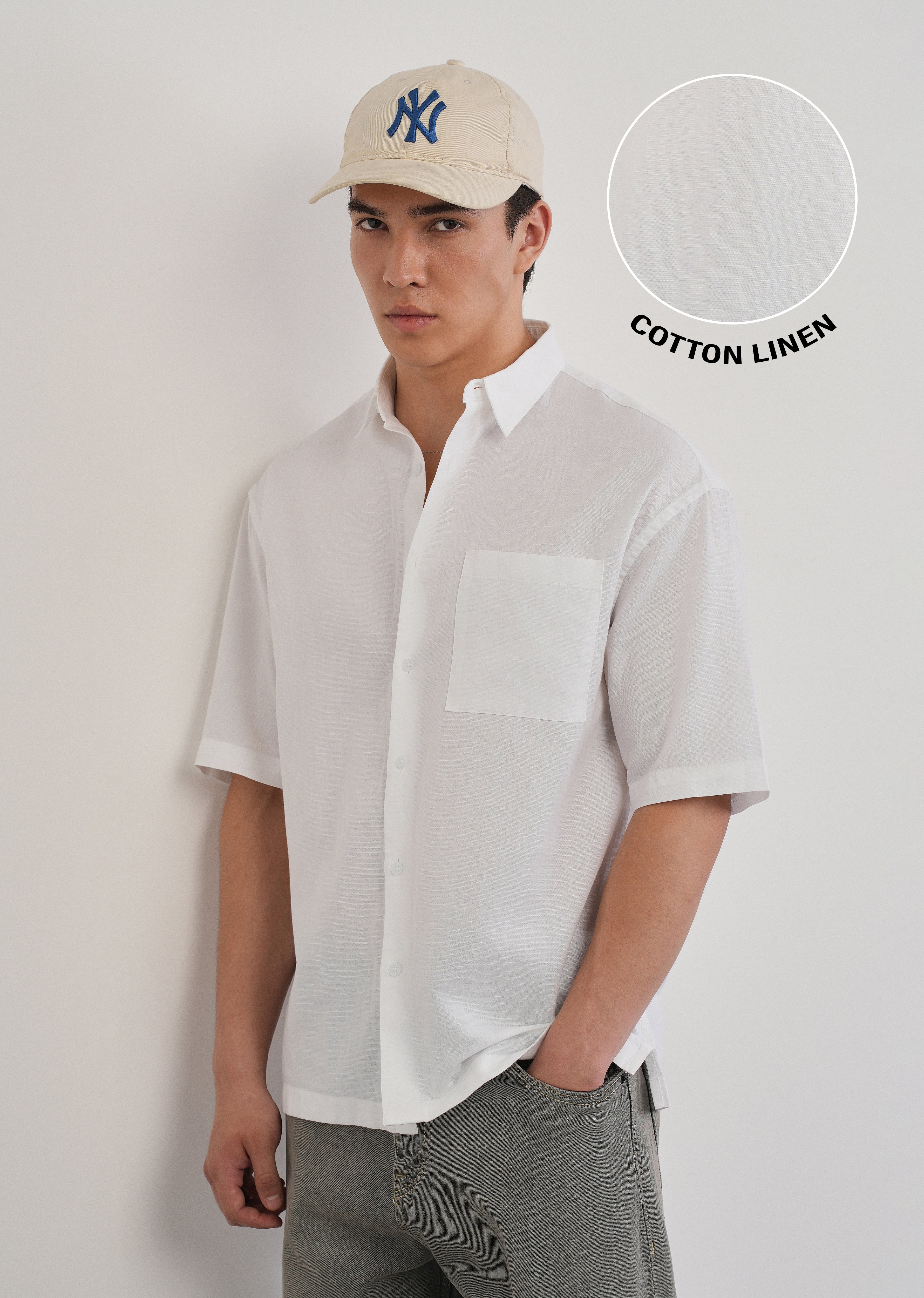 White Cotton Linen Half Sleeve Shirt