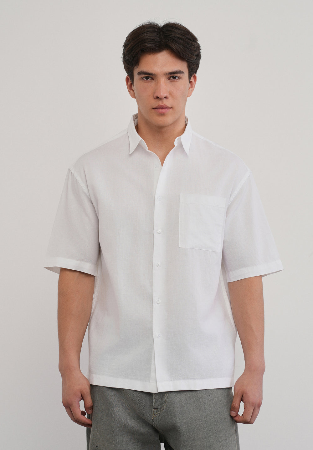 White Cotton Linen Half Sleeve Shirt