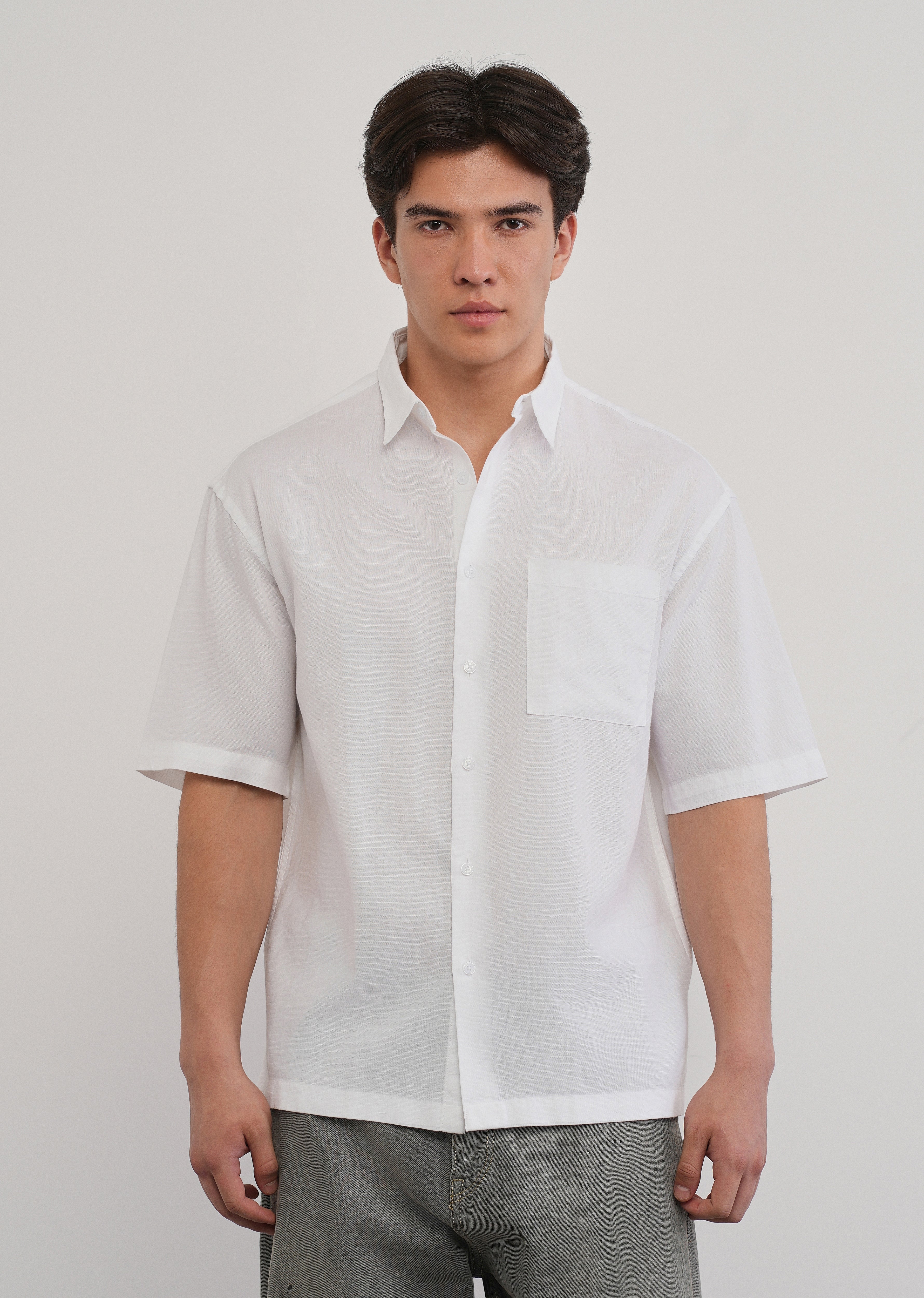White Cotton Linen Half Sleeve Shirt