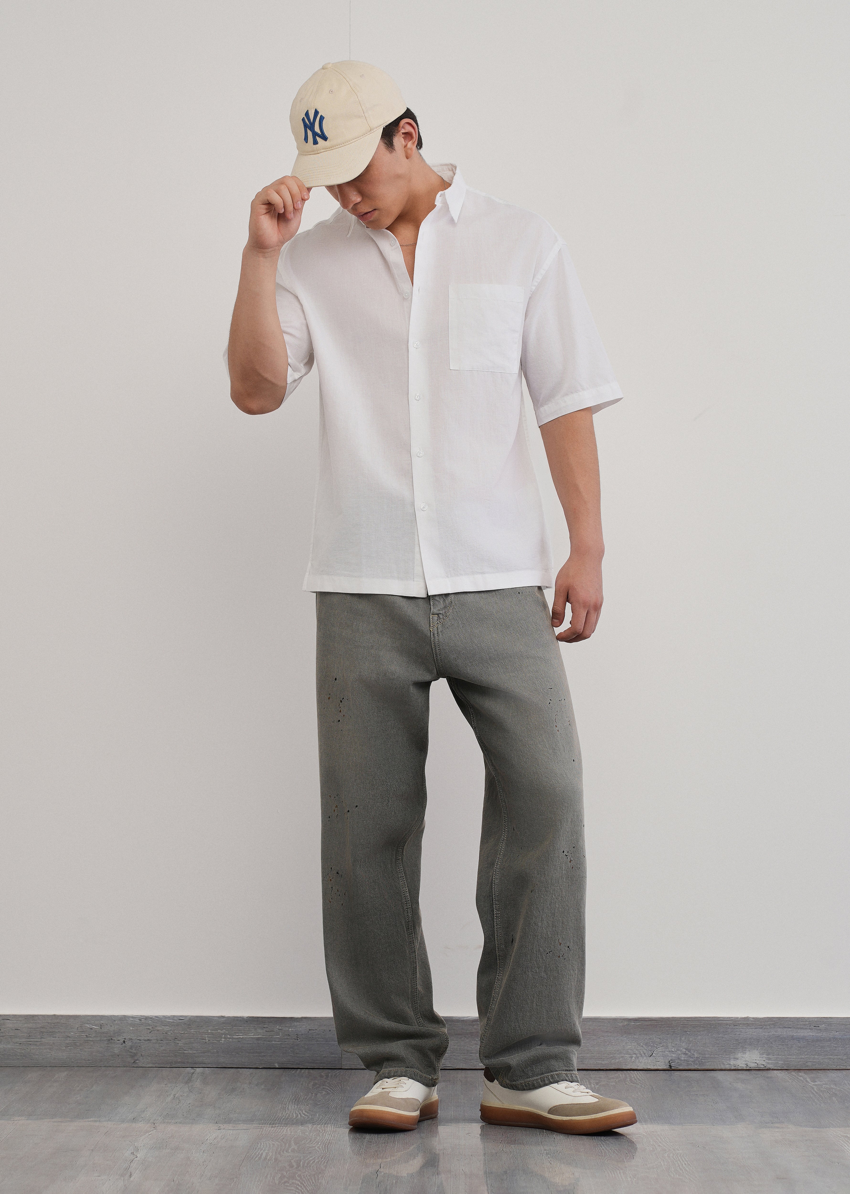 White Cotton Linen Half Sleeve Shirt