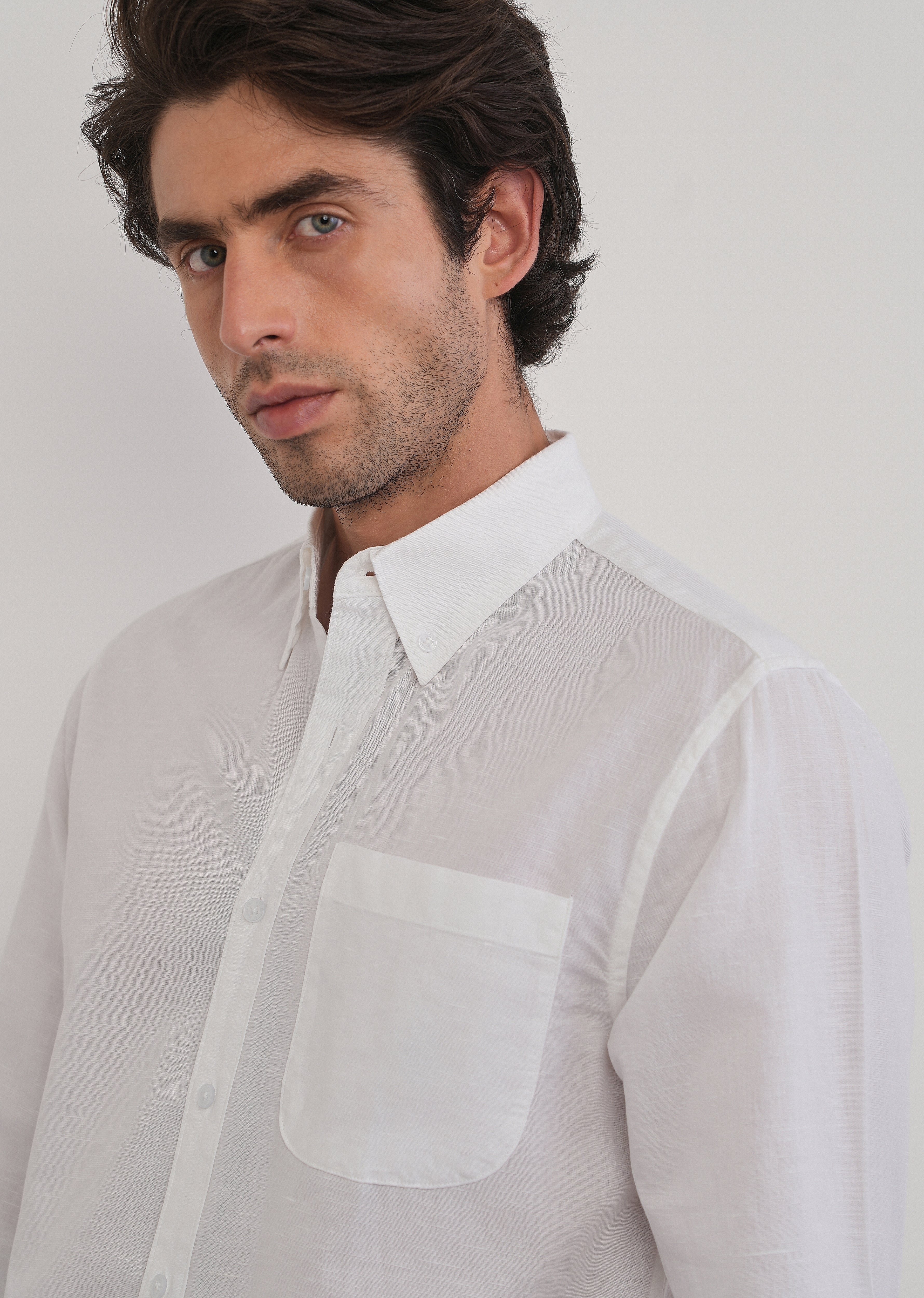 White Cotton Linen Plain Shirt