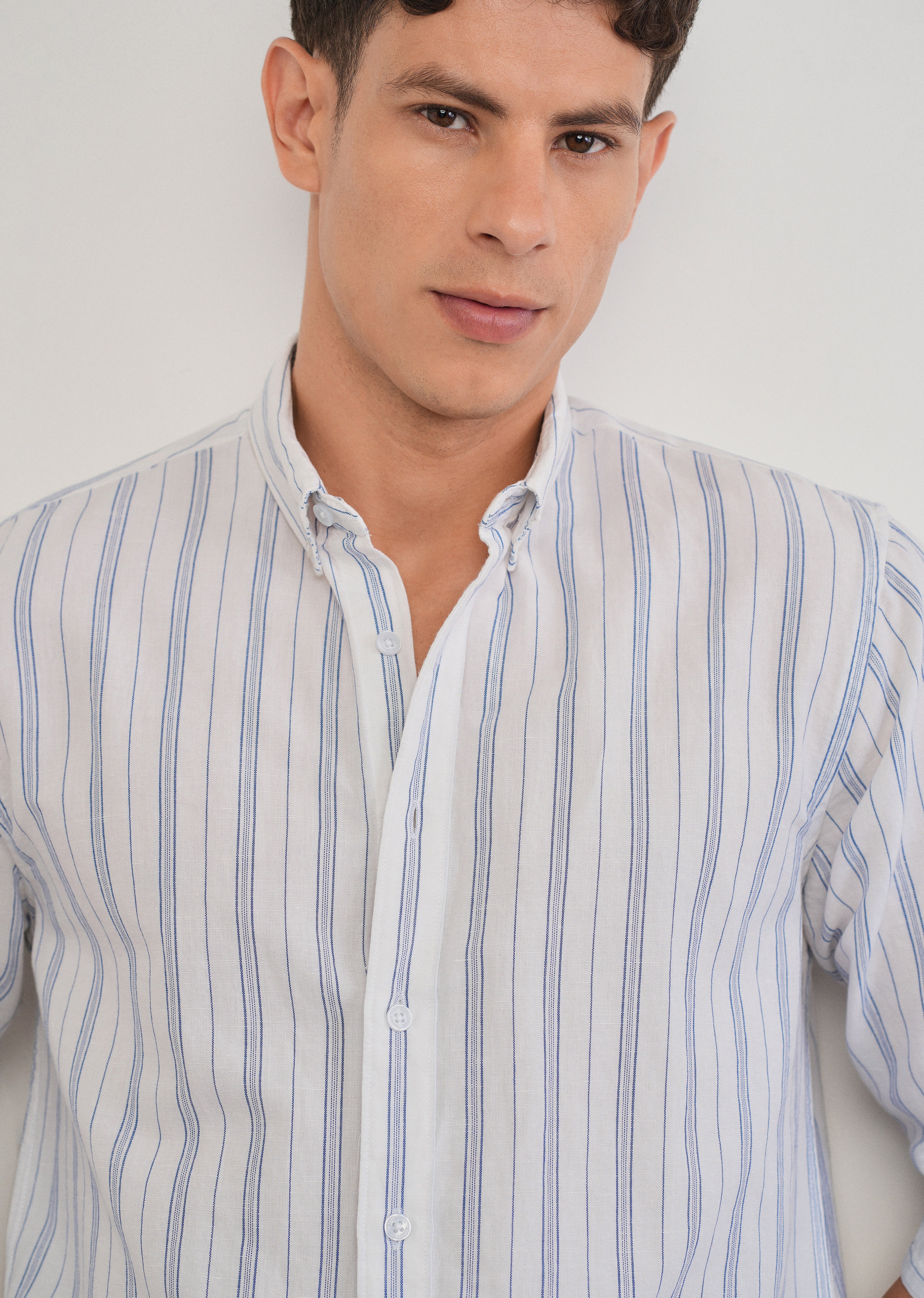 White Cotton Linen Stripe Shirt