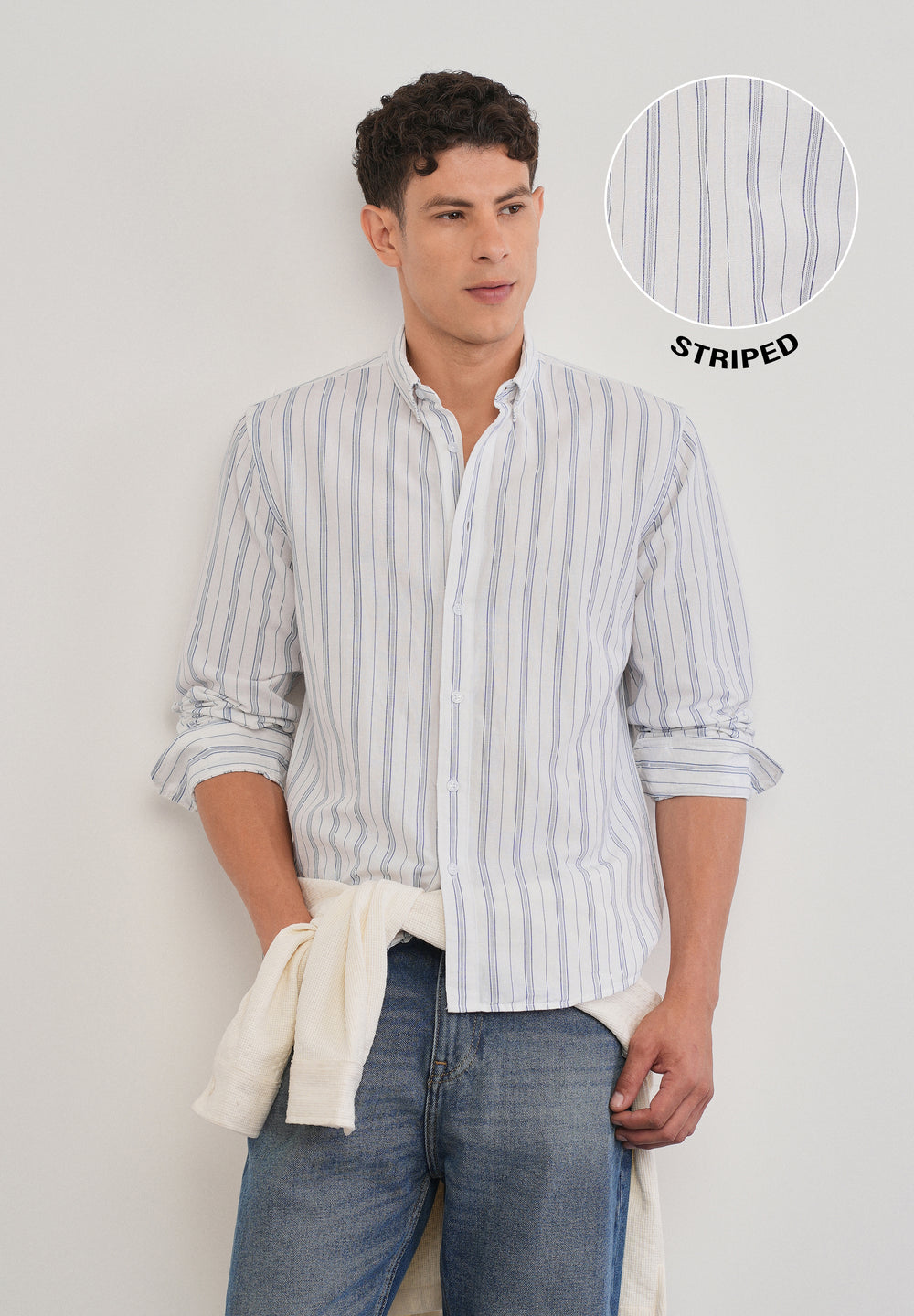 White Cotton Linen Stripe Shirt