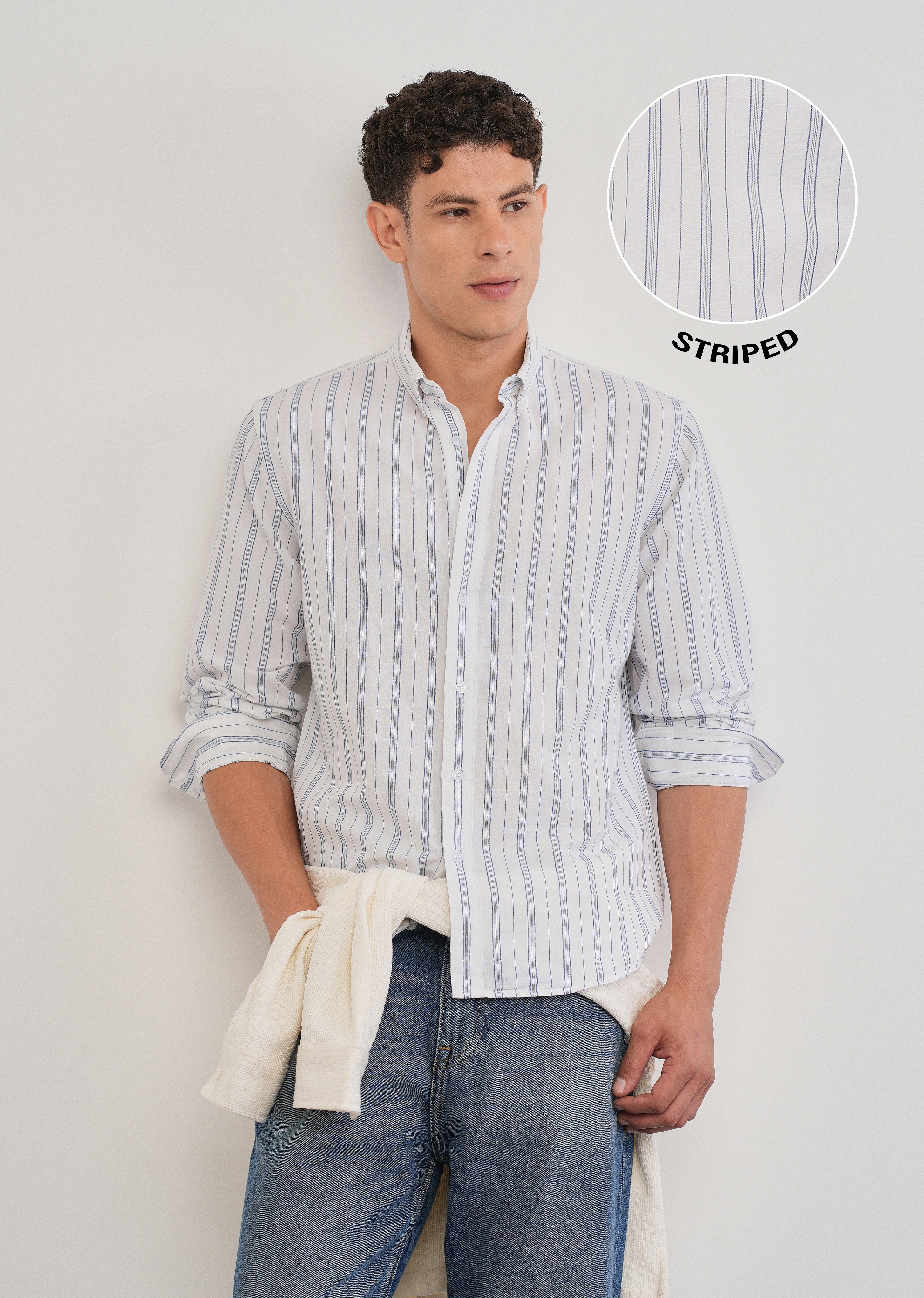White Cotton Linen Stripe Shirt
