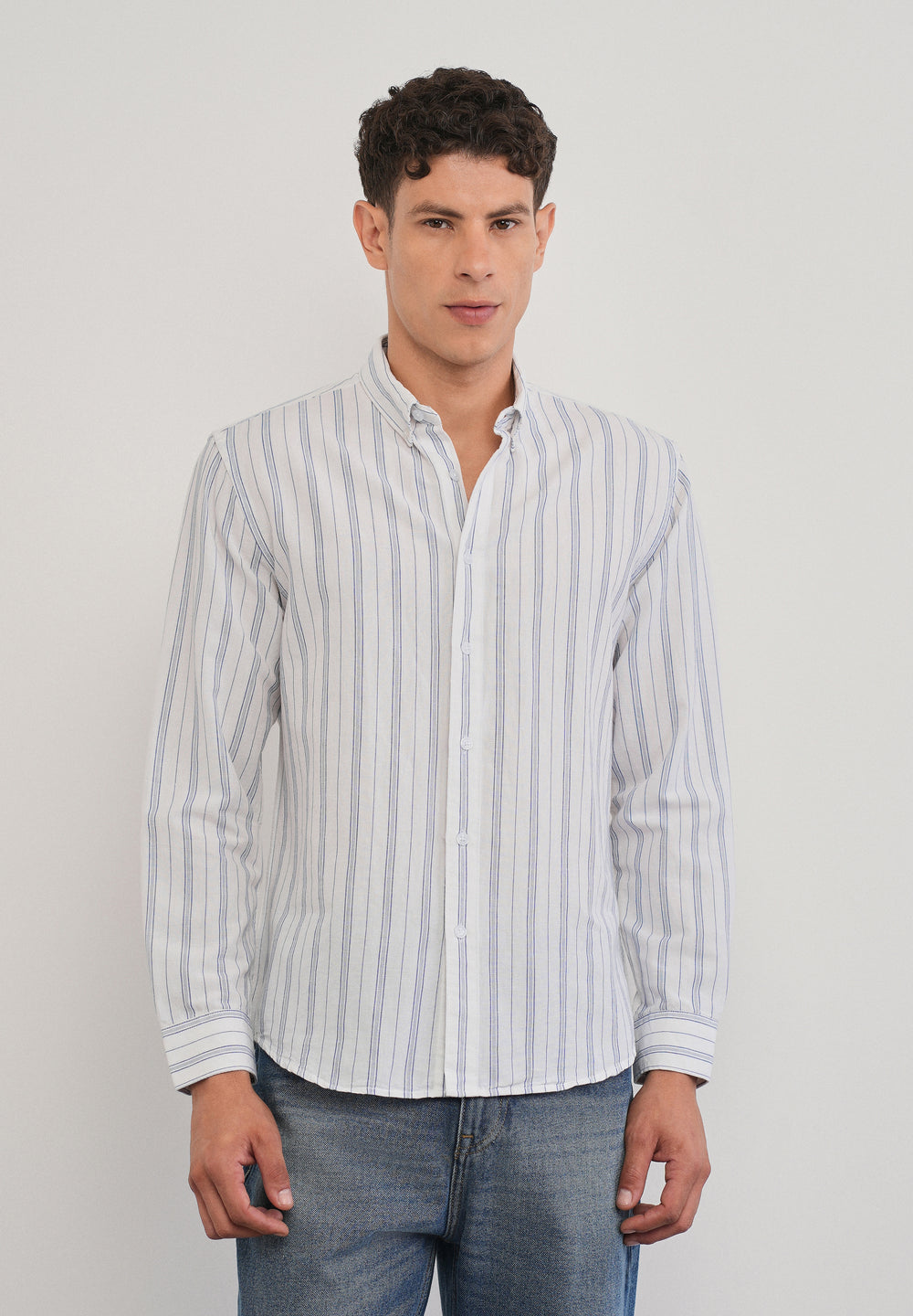 White Cotton Linen Stripe Shirt