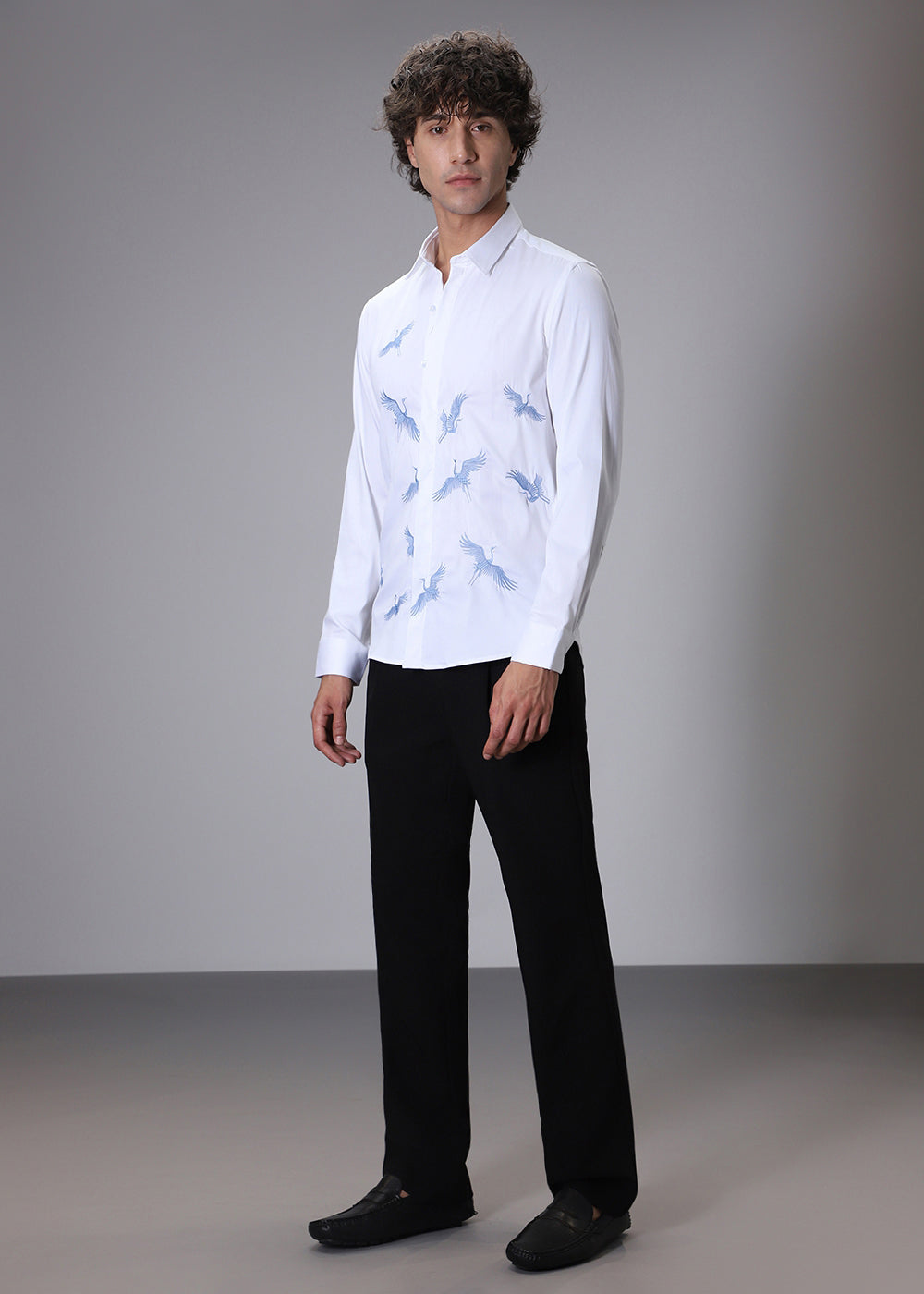 White Crane Embroidery Designer Shirt