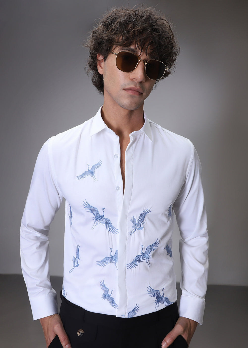 White Crane Embroidery Designer Shirt