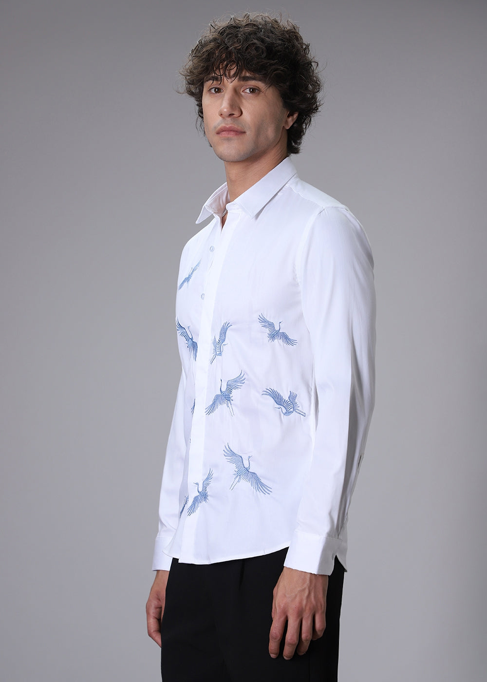 White Crane Embroidery Designer Shirt