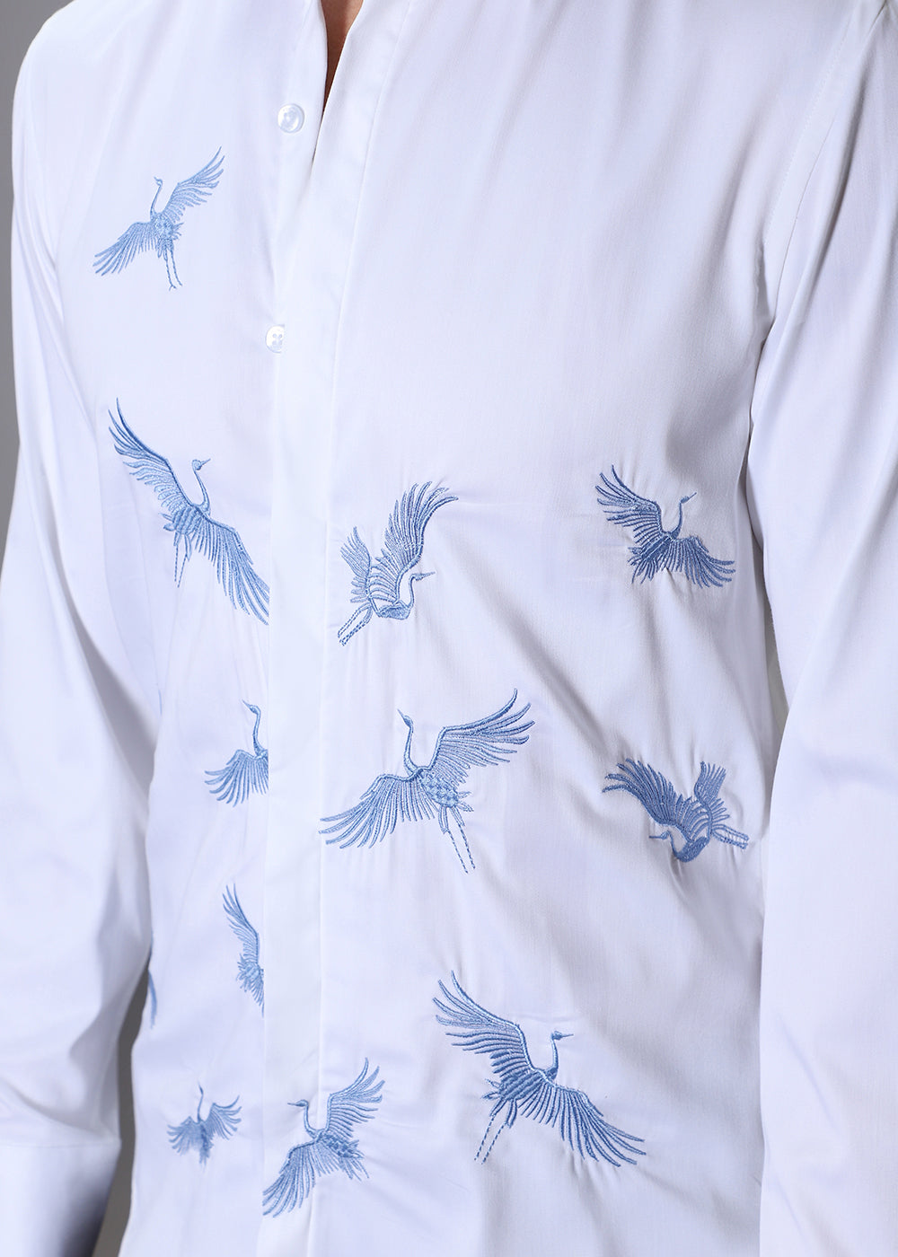 White Crane Embroidery Designer Shirt