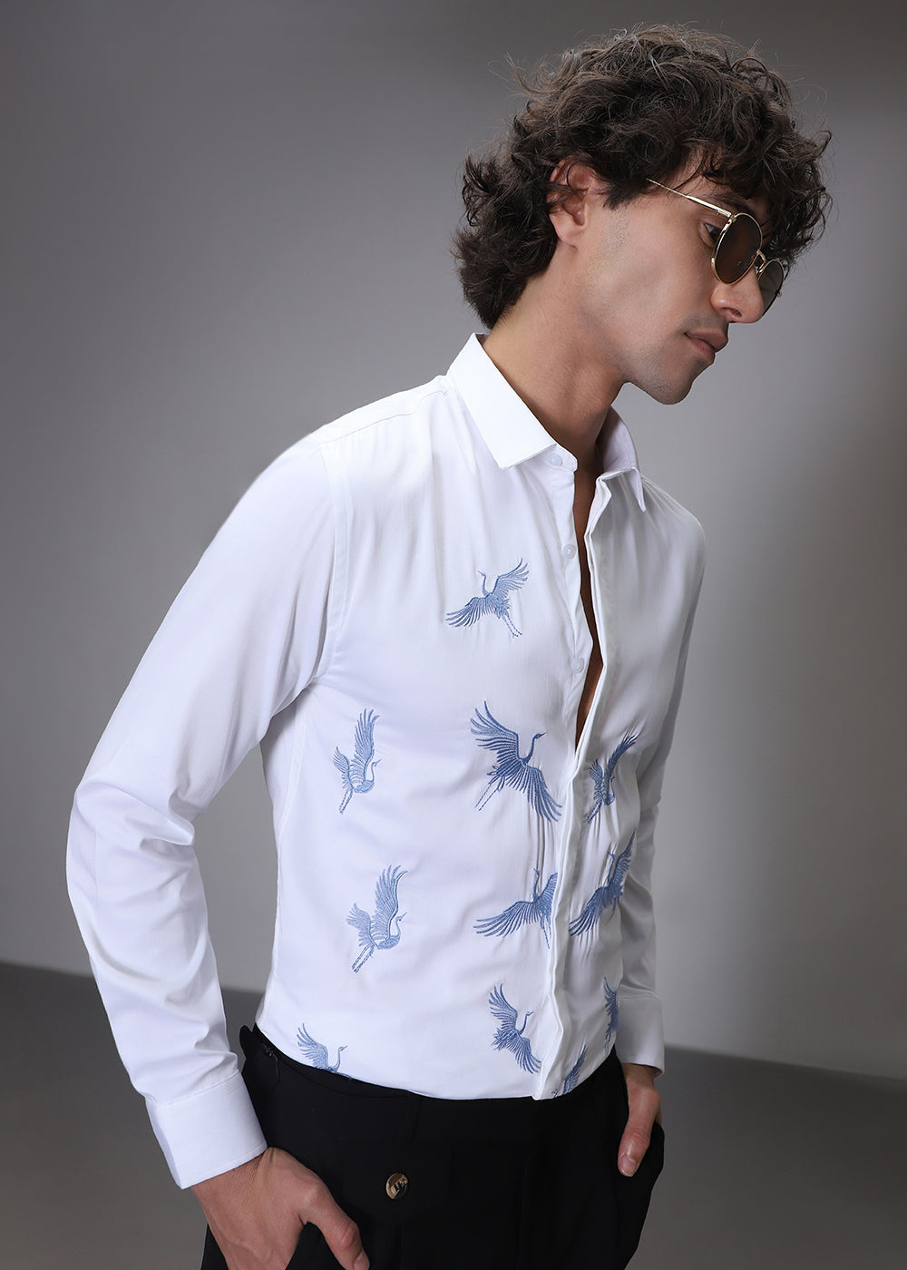 White Crane Embroidery Designer Shirt