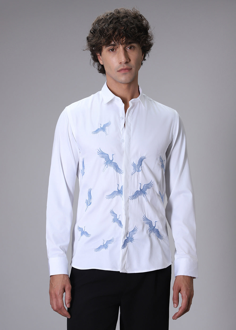 White Crane Embroidery Designer Shirt