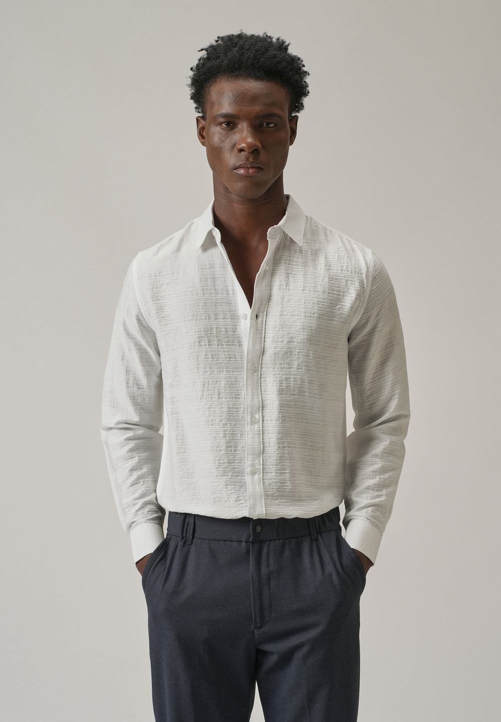 White Crushed Self Stripe Shirt