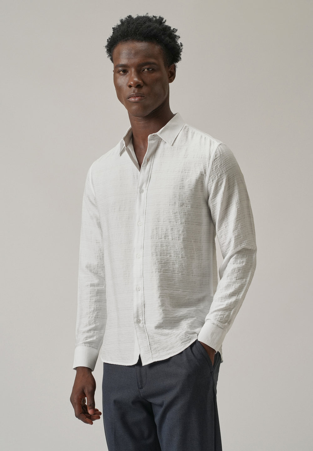 White Crushed Self Stripe Shirt