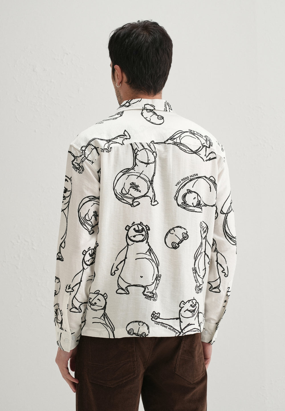 White Doodle Bear Printed Shirt