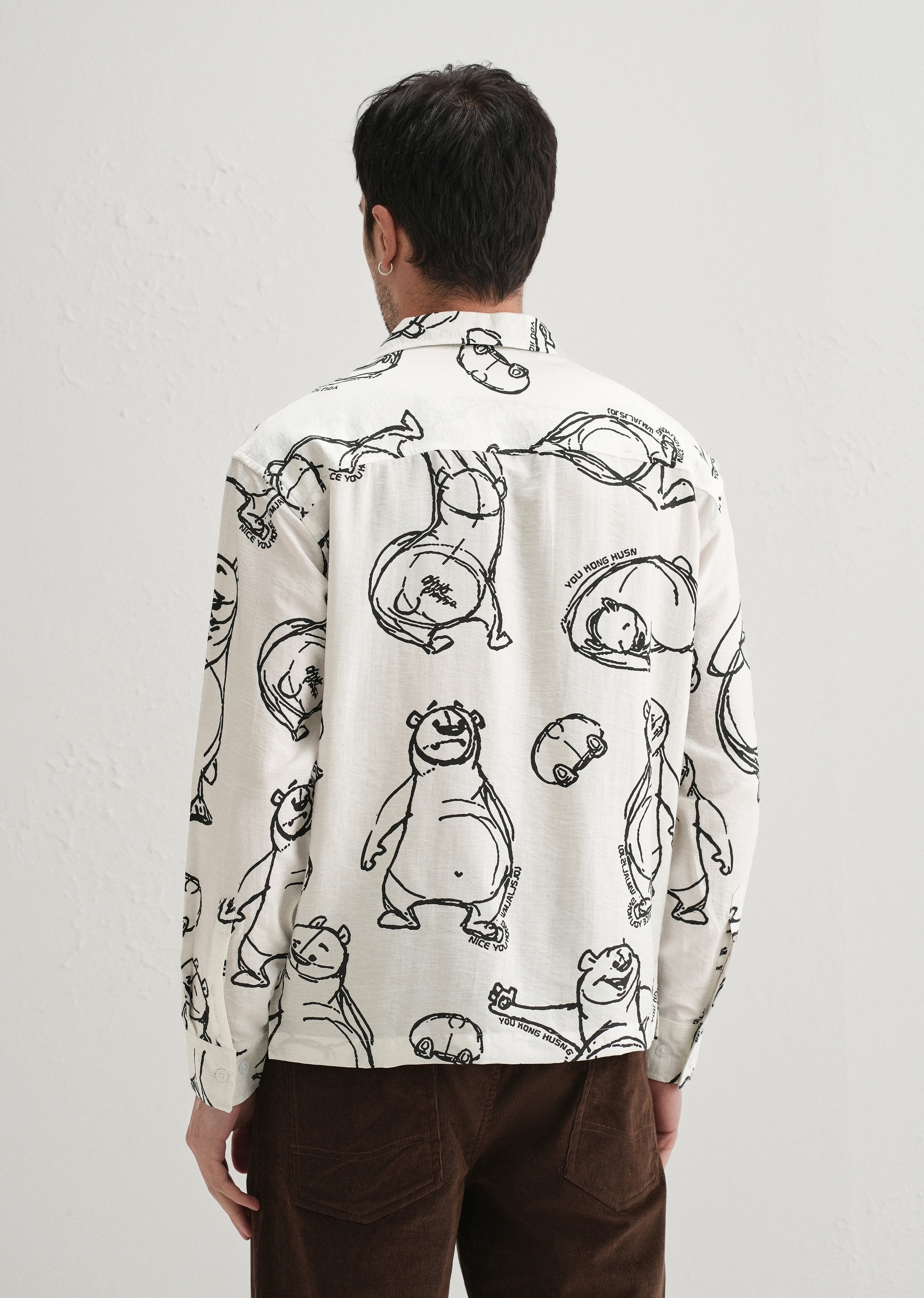 White Doodle Bear Printed Shirt