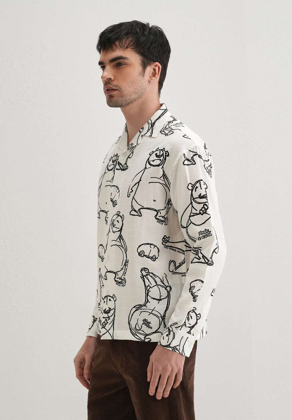 White Doodle Bear Printed Shirt