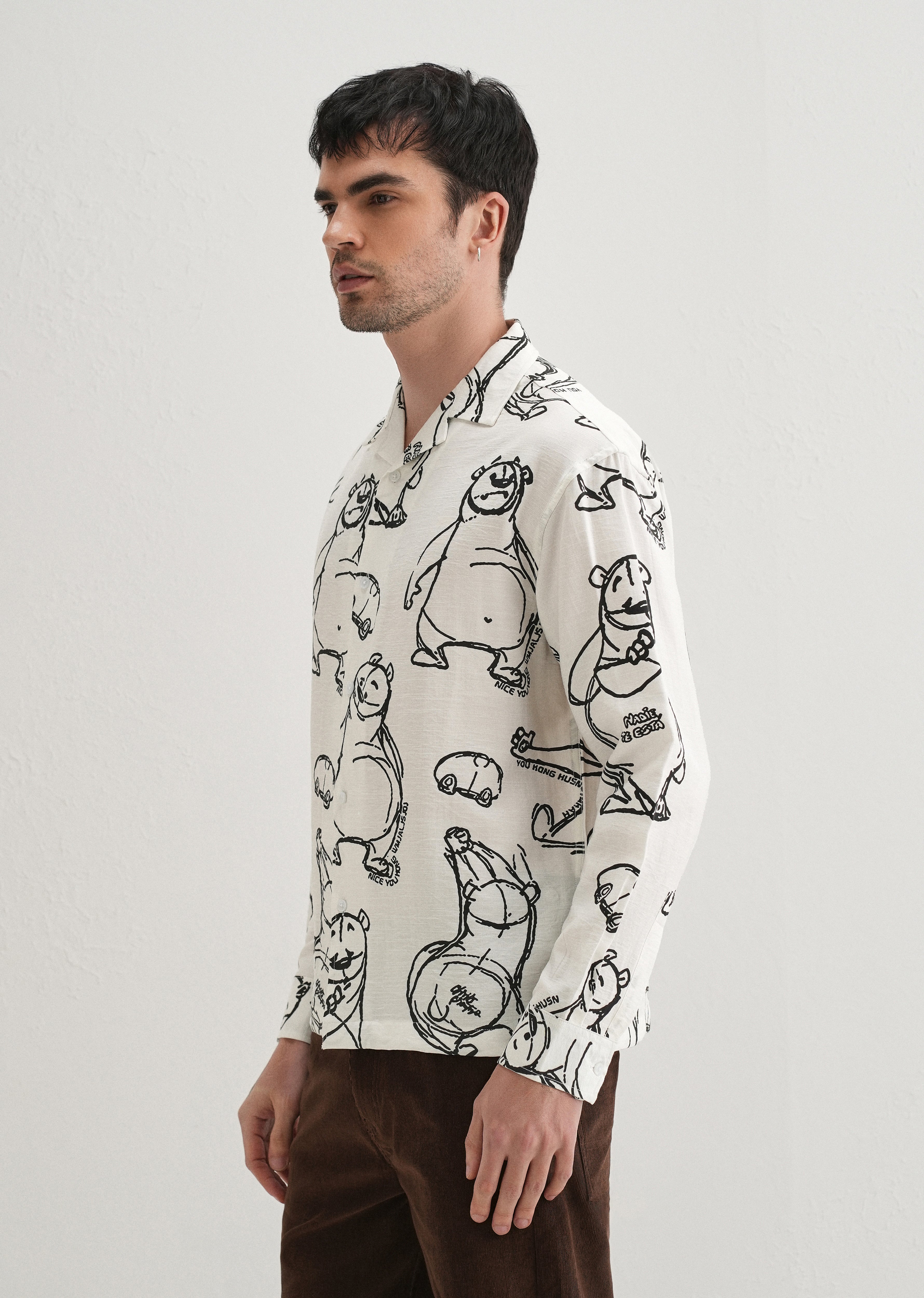White Doodle Bear Printed Shirt