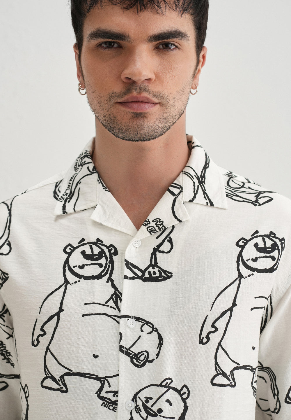 White Doodle Bear Printed Shirt