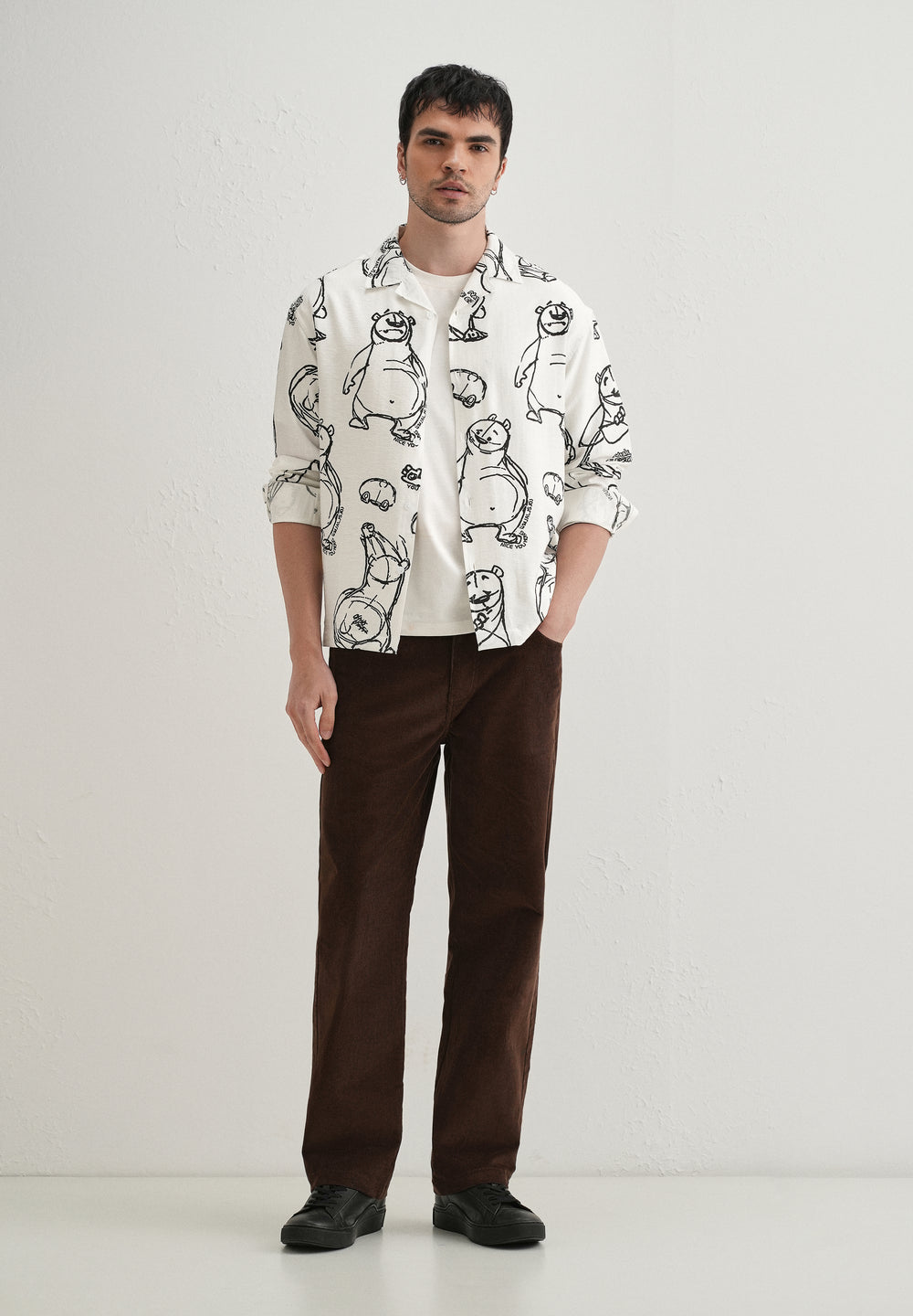 White Doodle Bear Printed Shirt