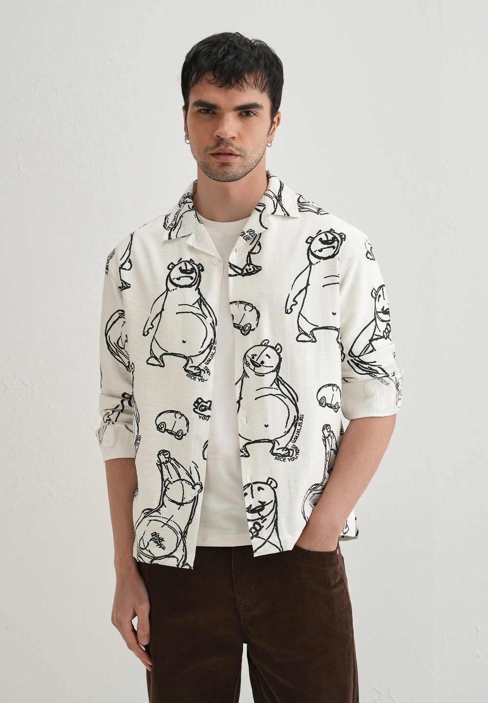 White Doodle Bear Printed Shirt
