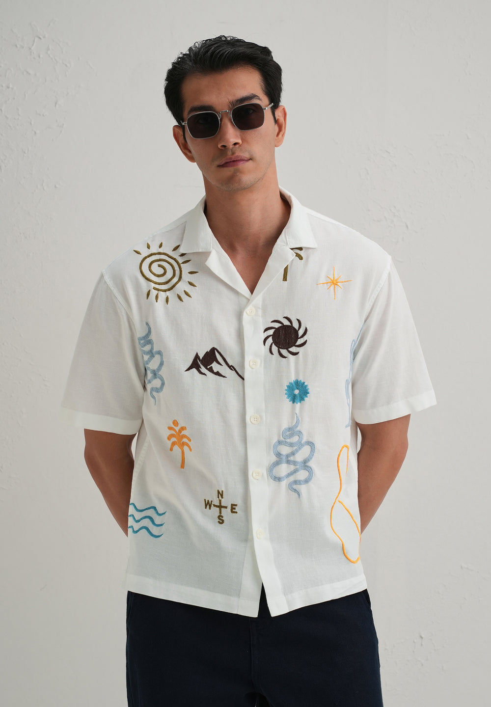 White Doodle Embroidery Cotton Linen Shirt
