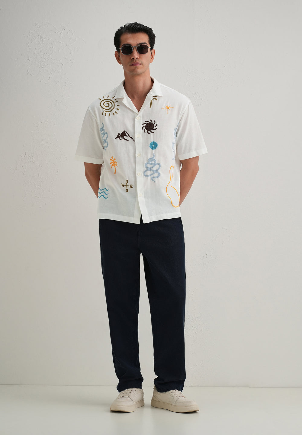 White Doodle Embroidery Cotton Linen Shirt