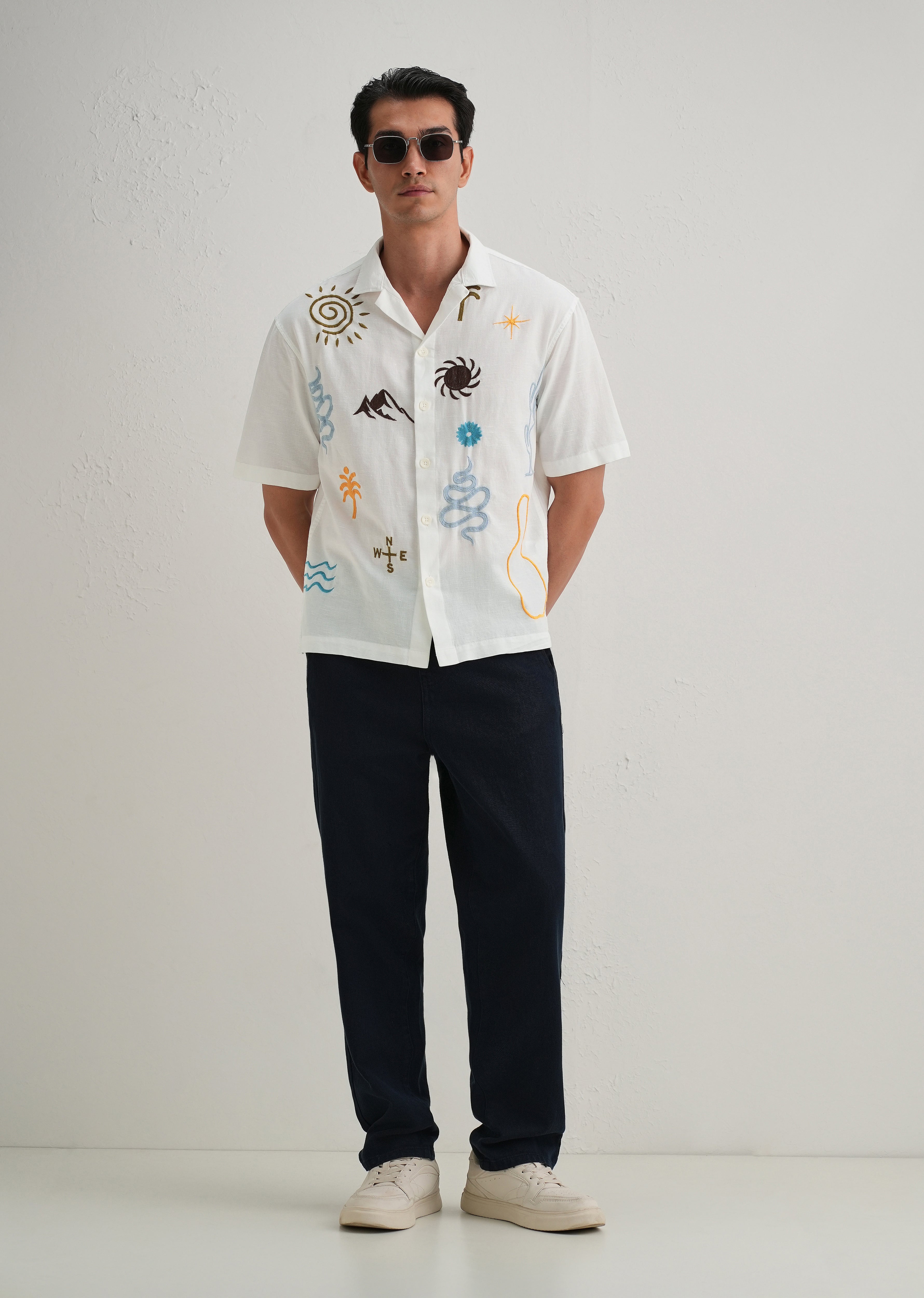 White Doodle Embroidery Cotton Linen Shirt