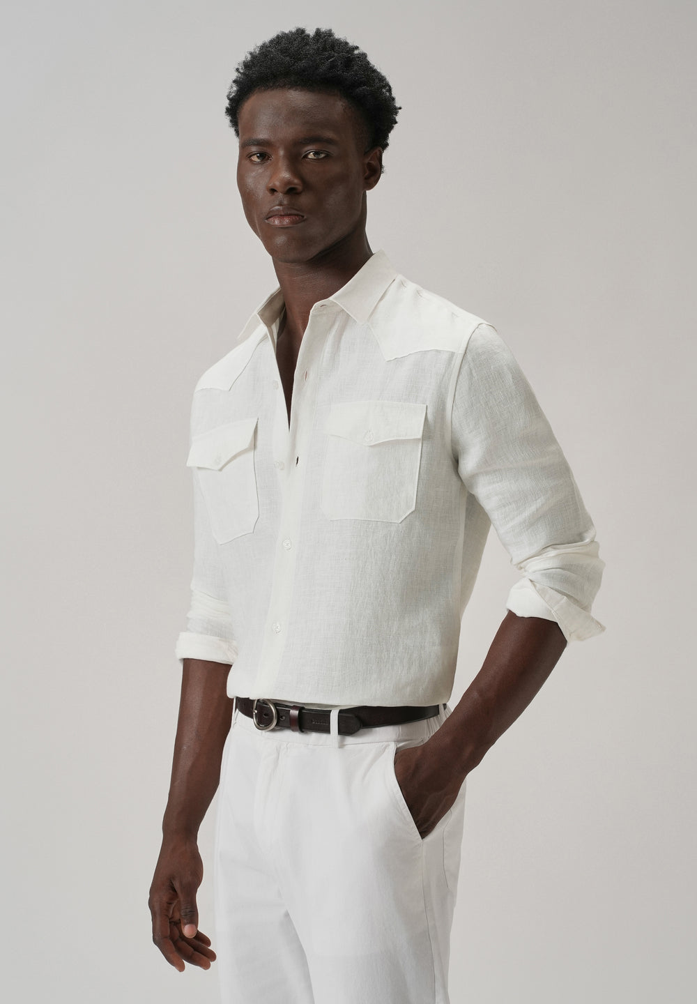 White Double Pocket 100% Pure Irish Linen Shirt