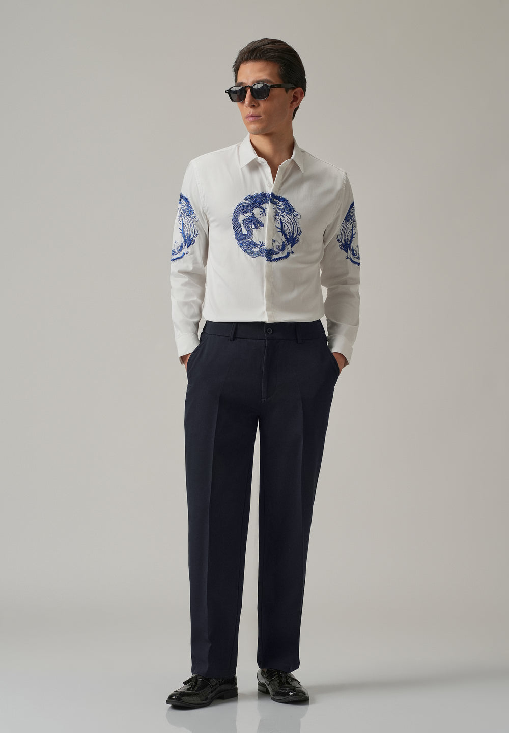 White Dragon and Phoenix Embroidery Designer Shirt