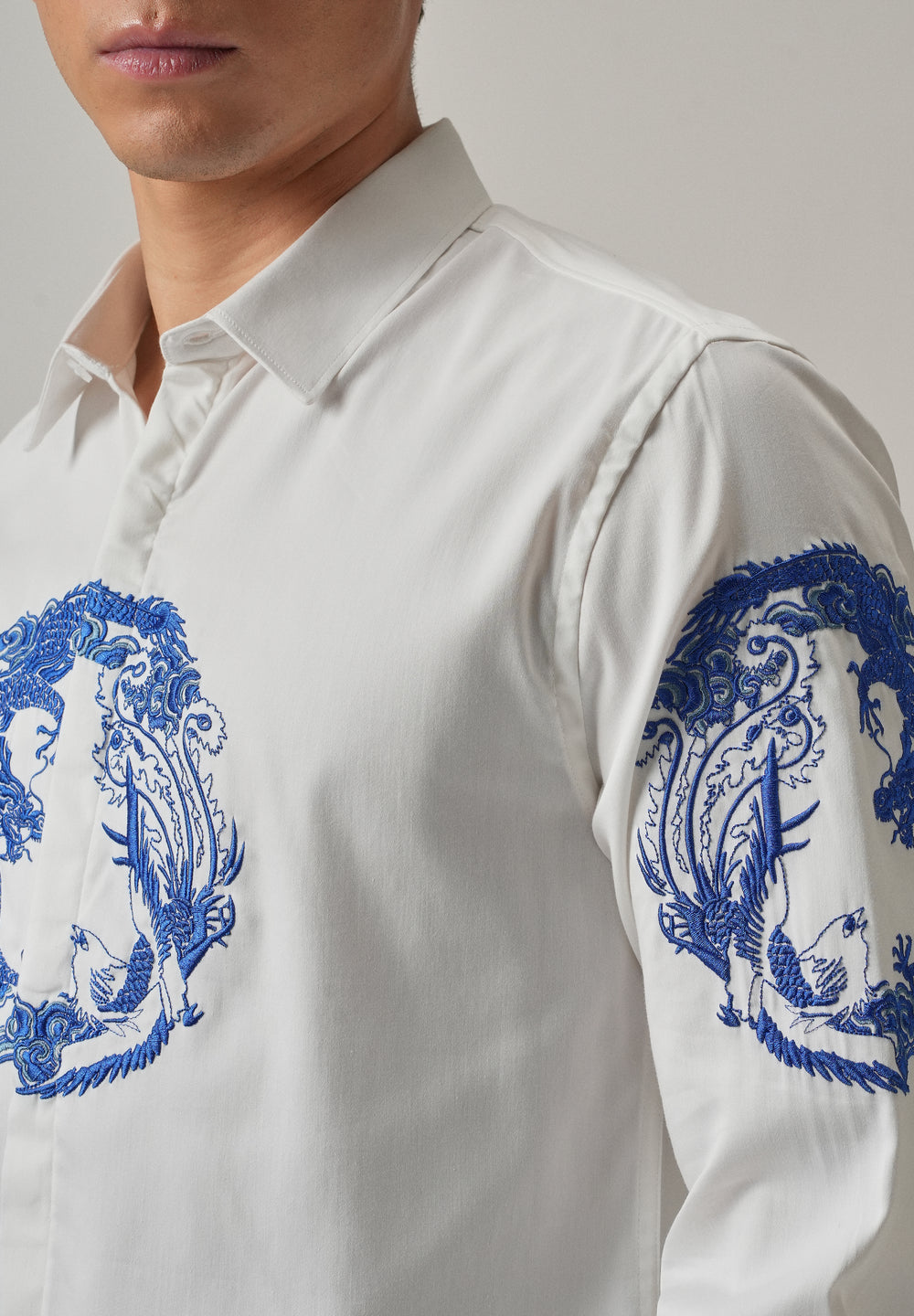 White Dragon and Phoenix Embroidery Designer Shirt
