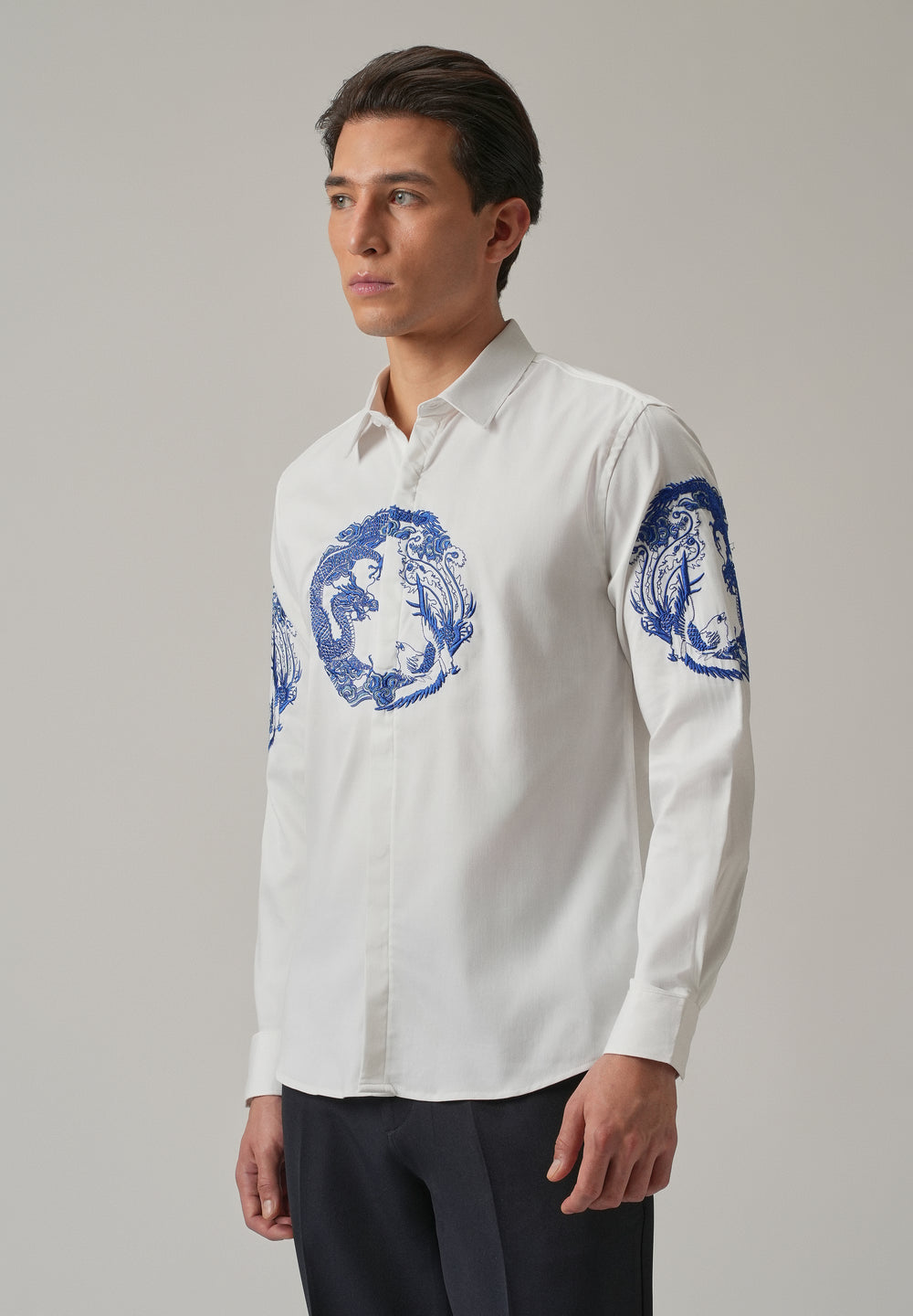 White Dragon and Phoenix Embroidery Designer Shirt