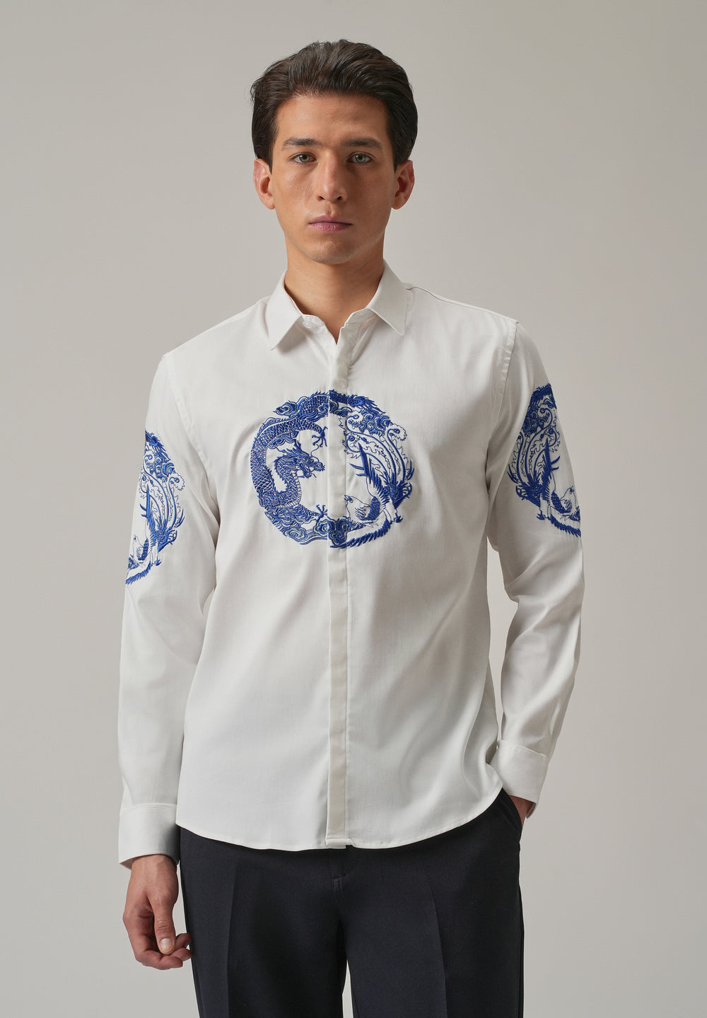 White Dragon and Phoenix Embroidery Designer Shirt