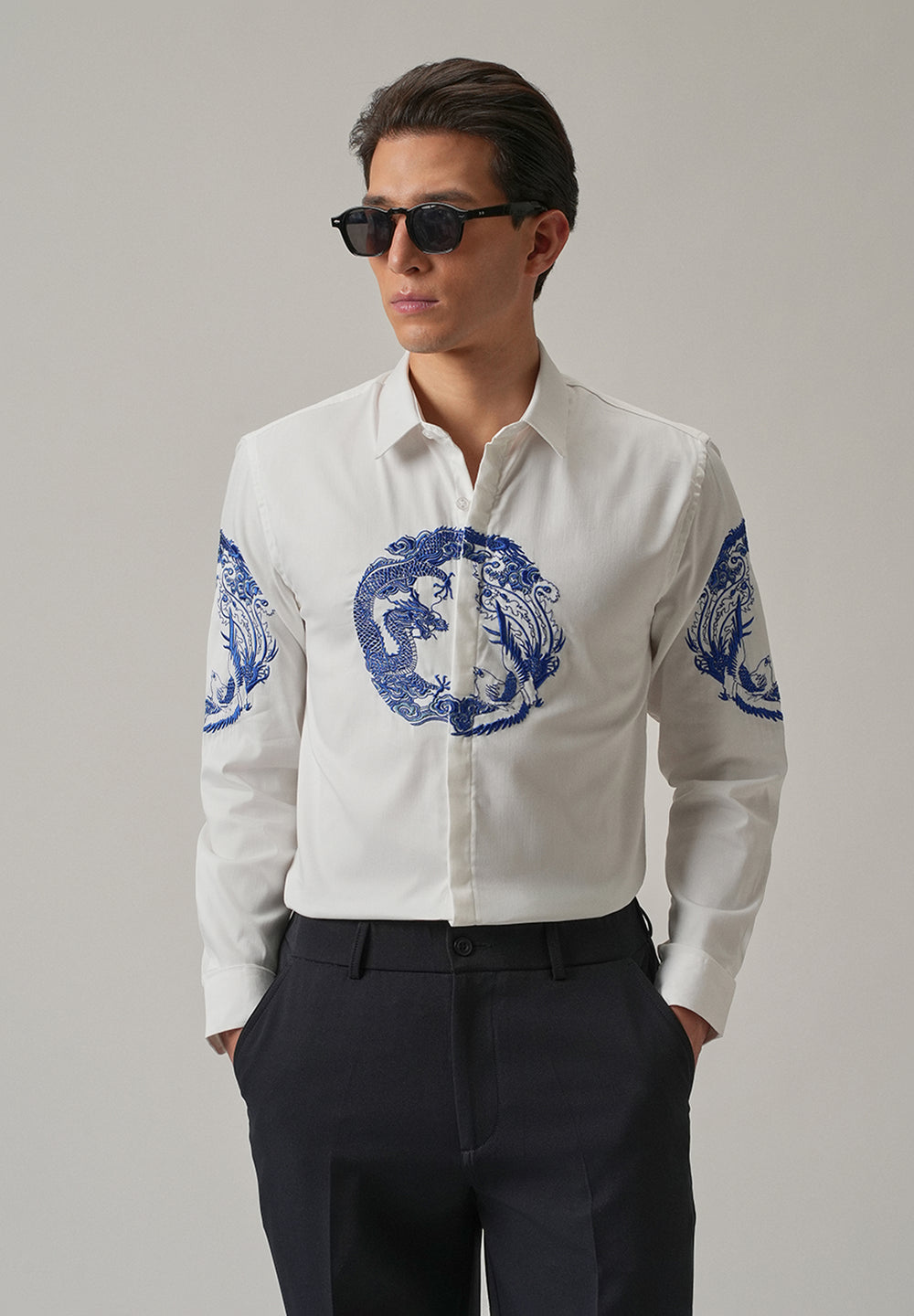 White Dragon and Phoenix Embroidery Designer Shirt