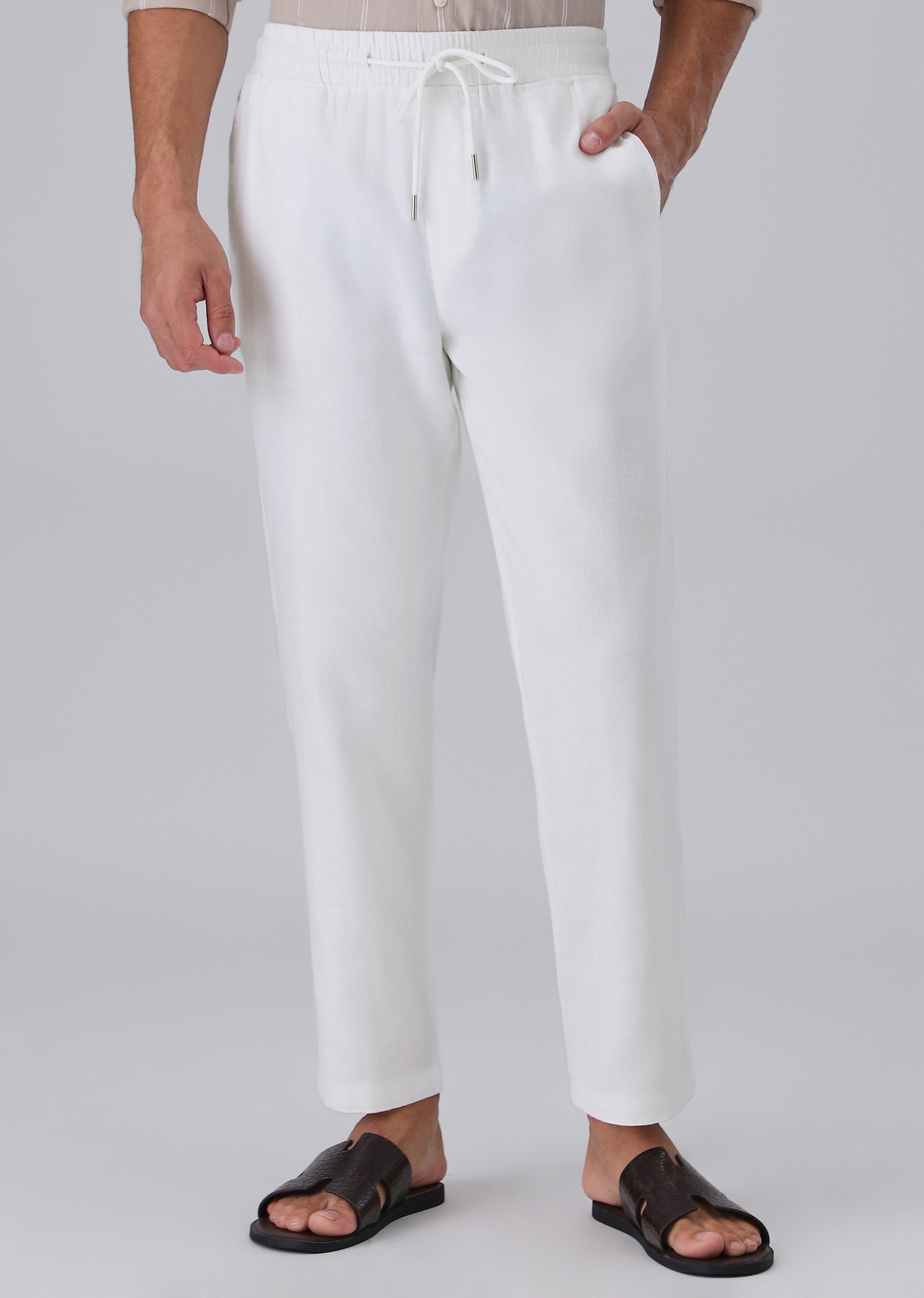 White Drawstring Linen Pant