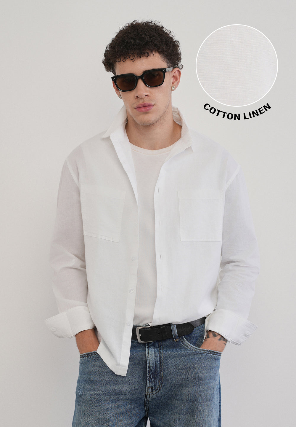 White Dual Pocket Cotton Linen Shirt