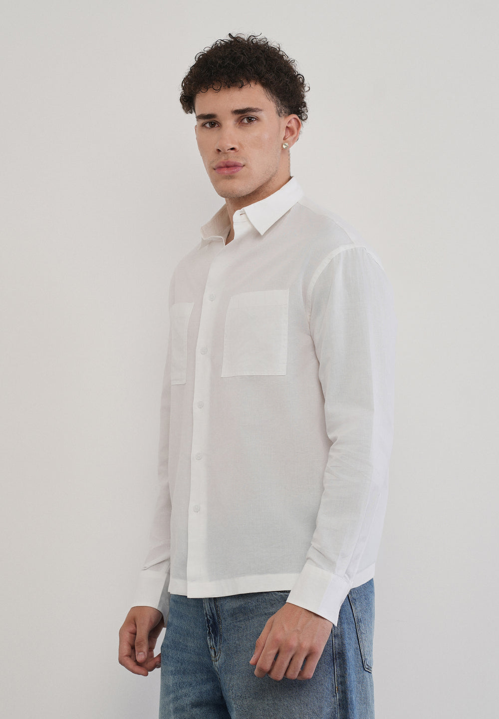 White Dual Pocket Cotton Linen Shirt
