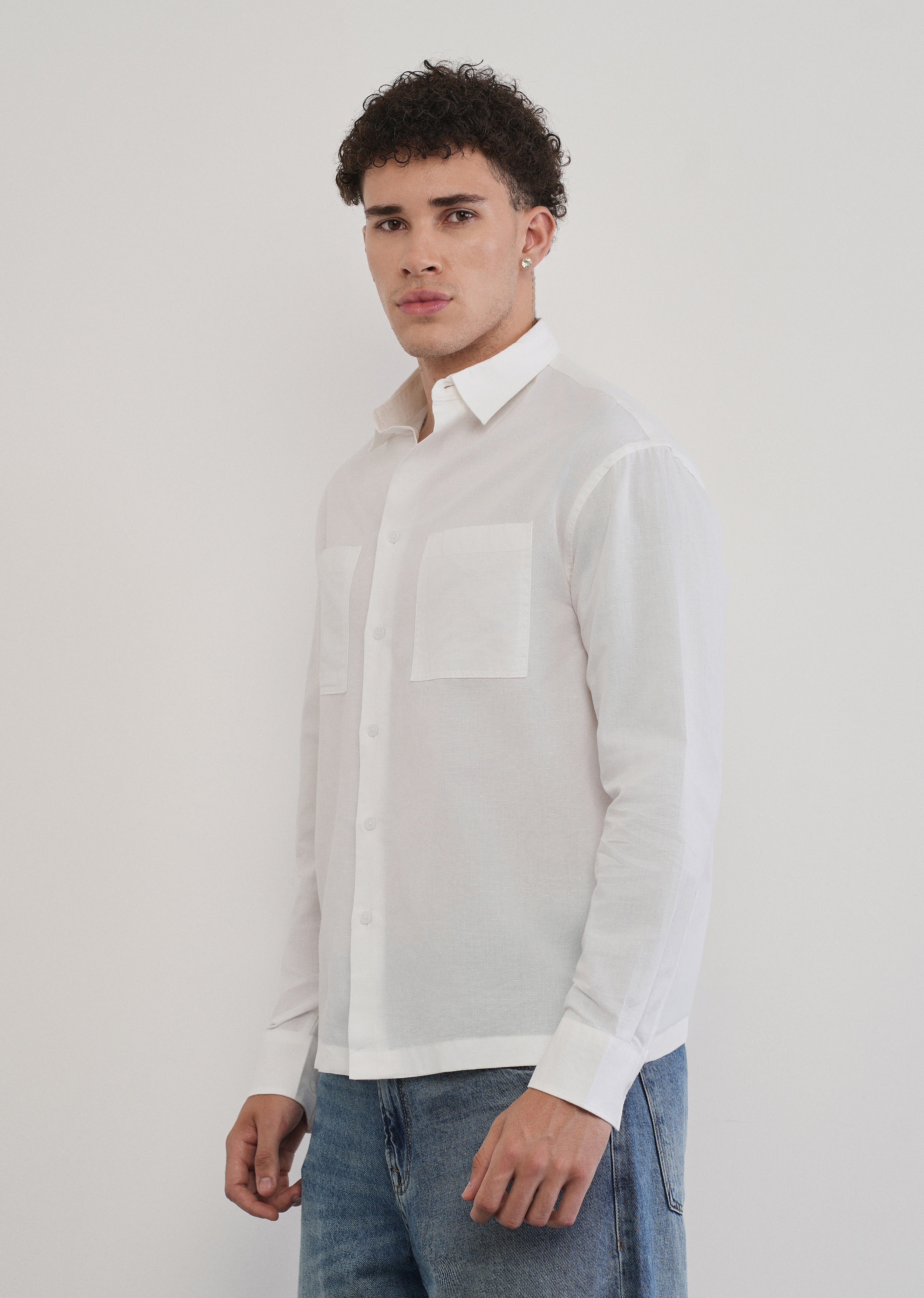 White Dual Pocket Cotton Linen Shirt