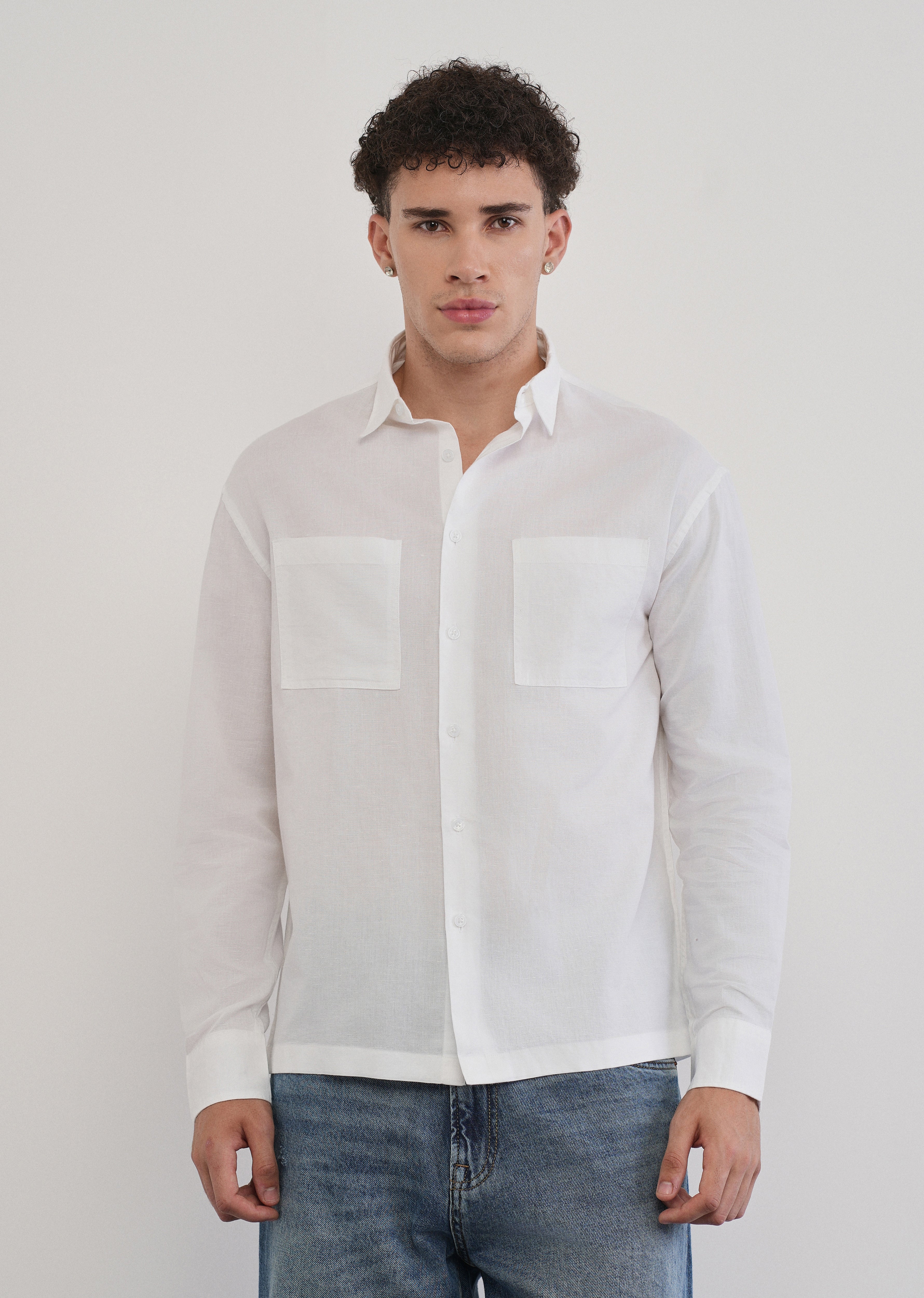 White Dual Pocket Cotton Linen Shirt