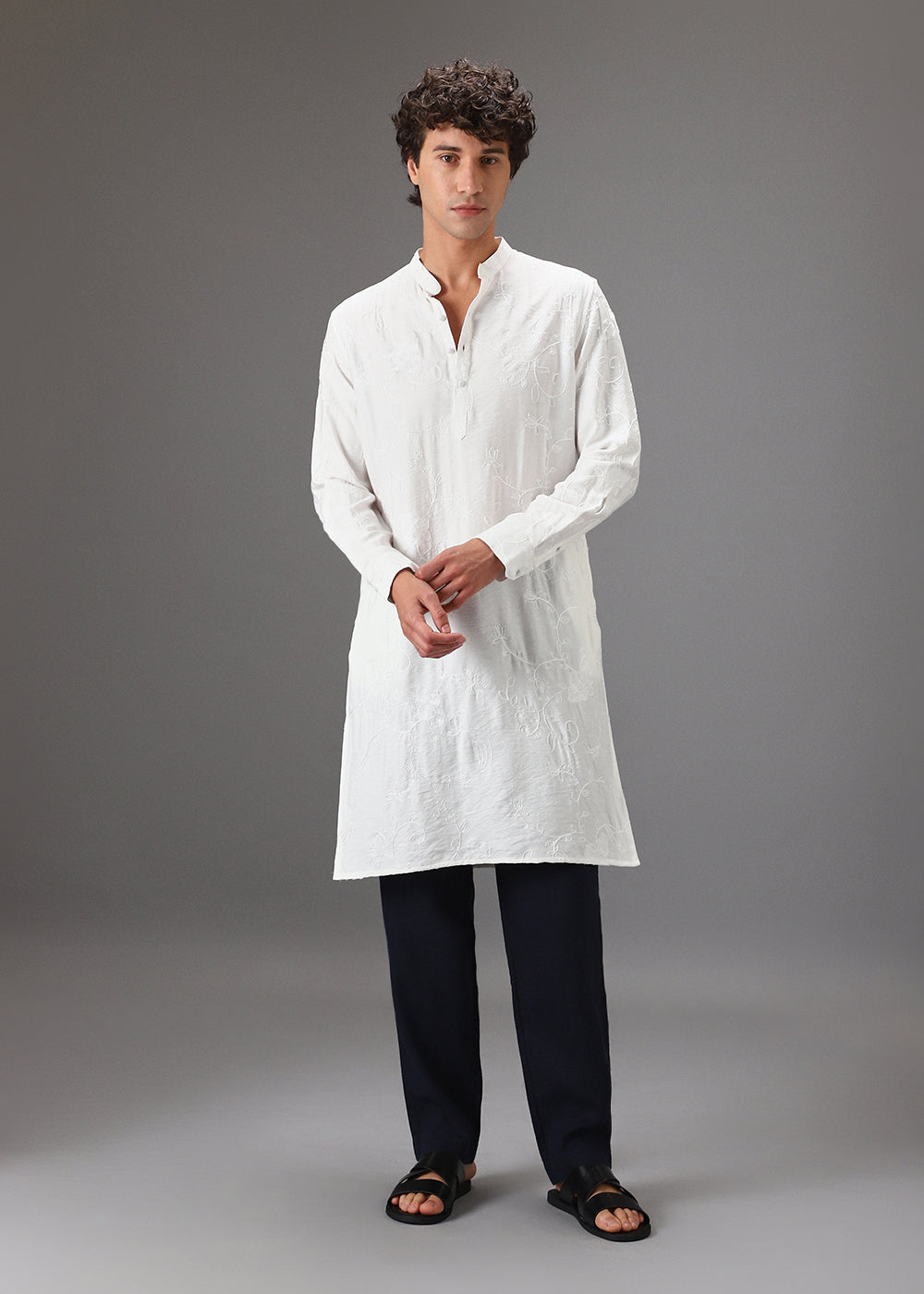 White Self Thread Embroidered Kurta