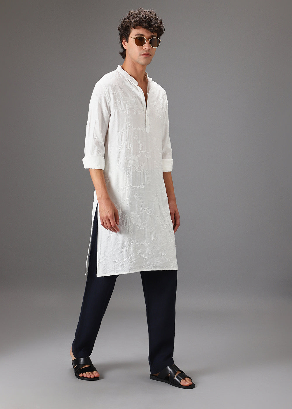 White Self Thread Embroidered Kurta