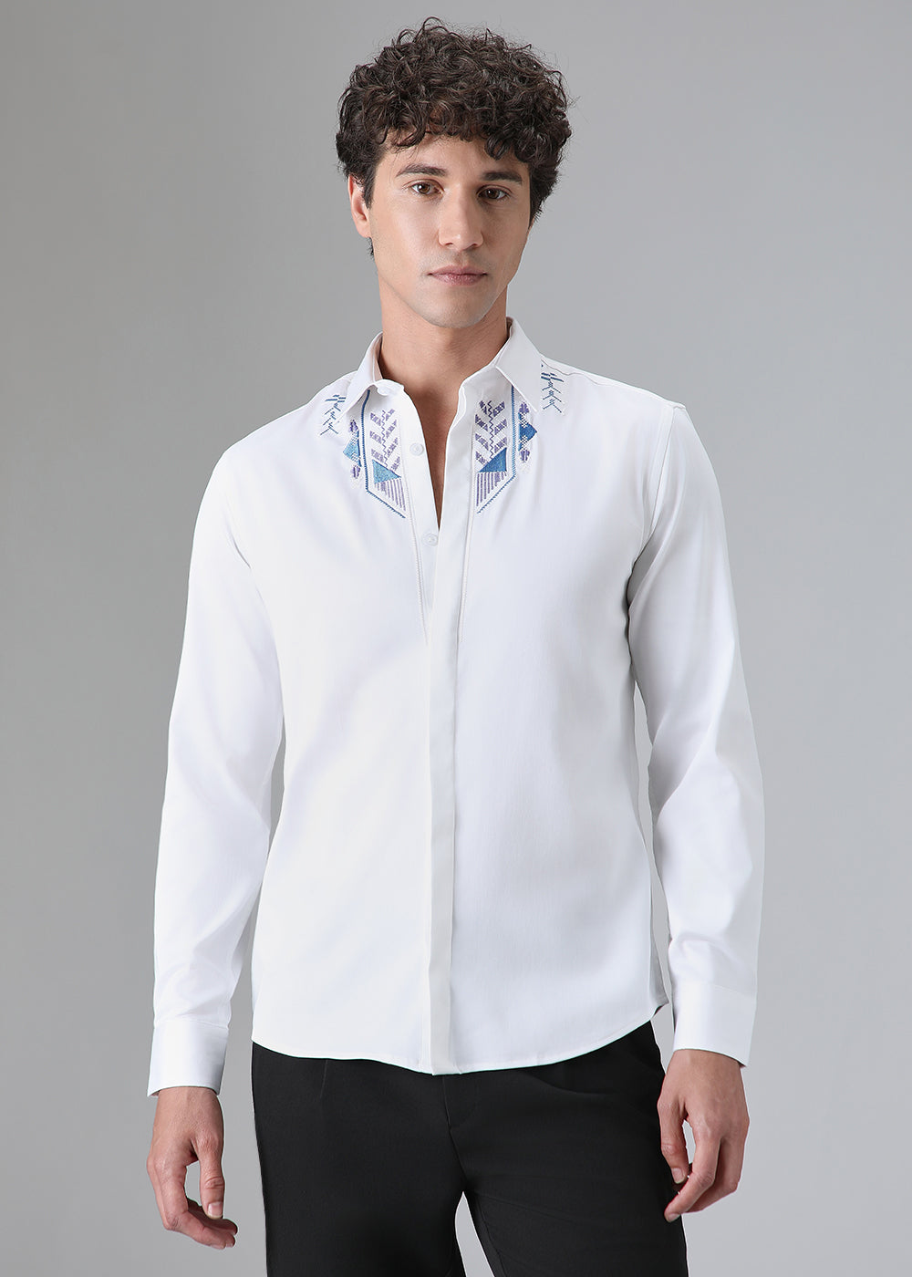 White Ethnic Embroidery Designer Shirt