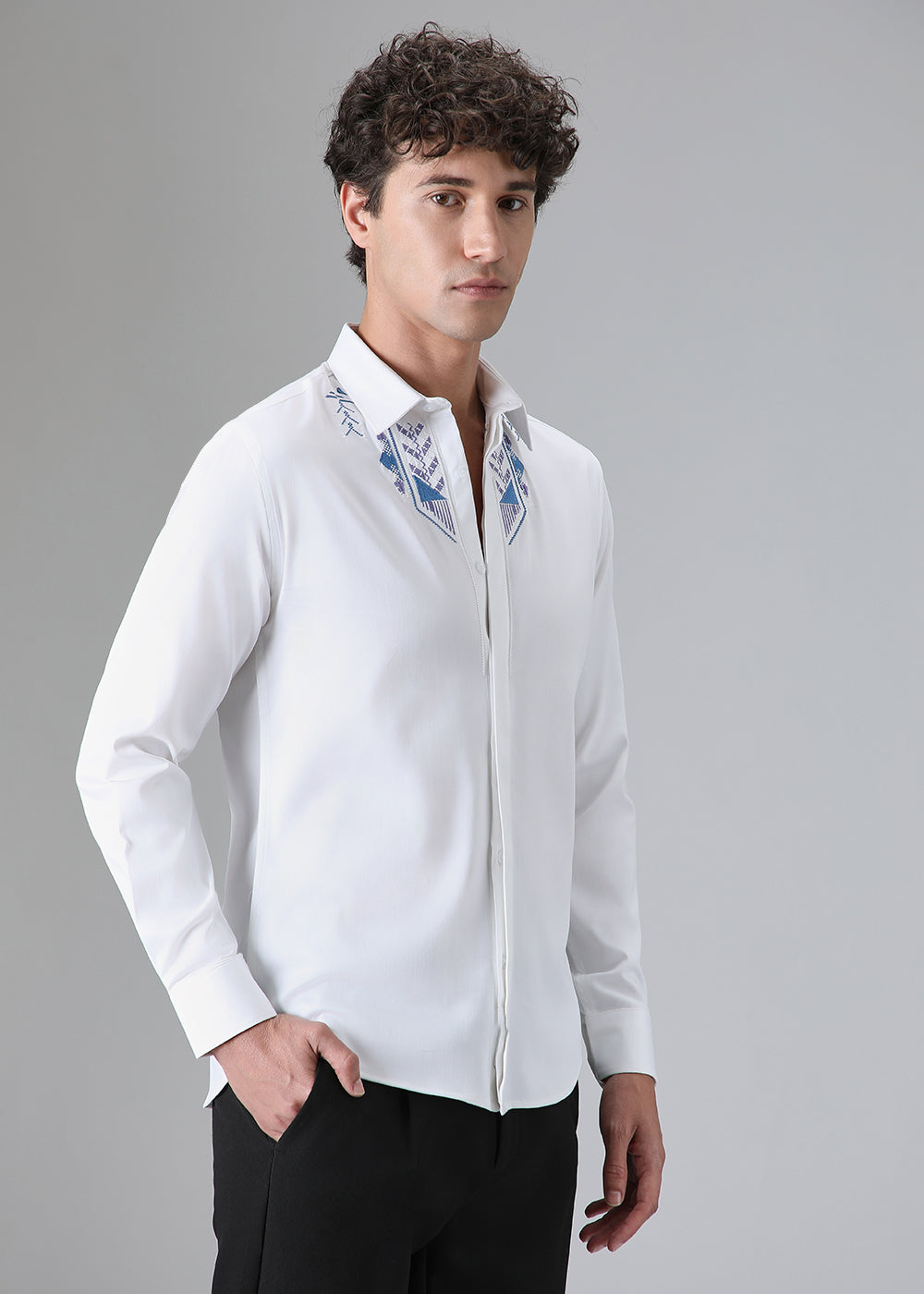 White Ethnic Embroidery Designer Shirt