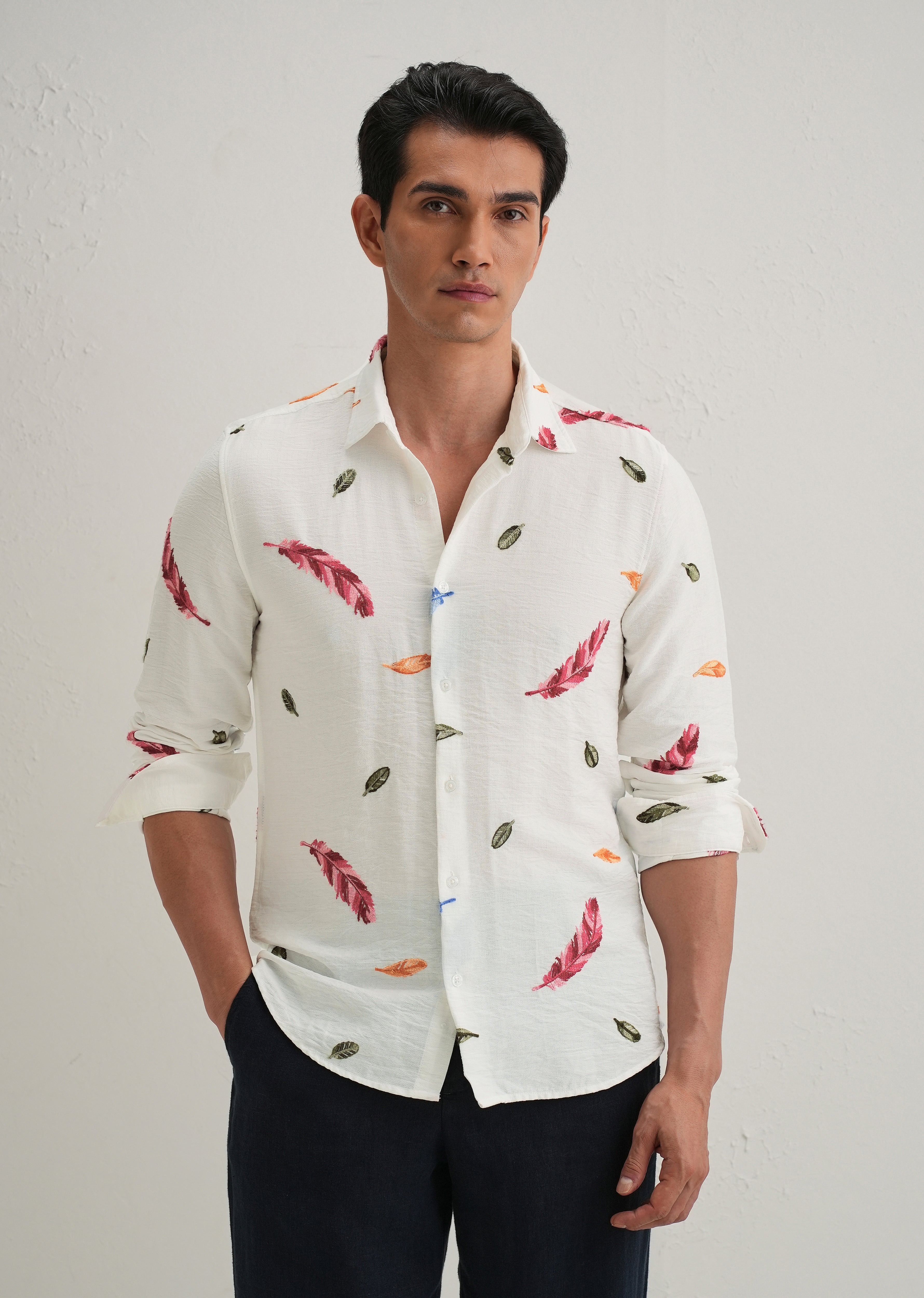 White Feather Leaf Embroidery Shirt