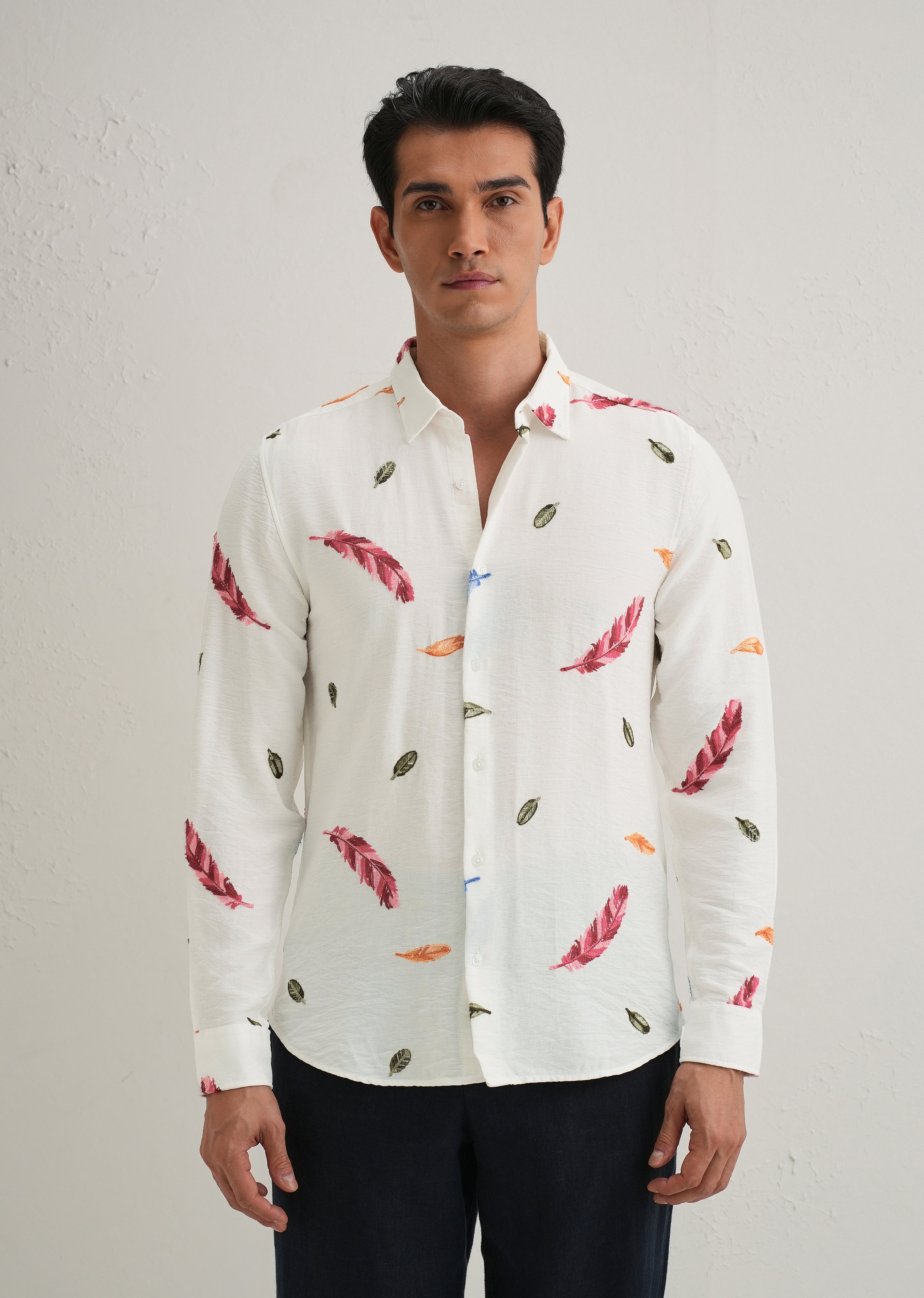 White Feather Leaf Embroidery Shirt