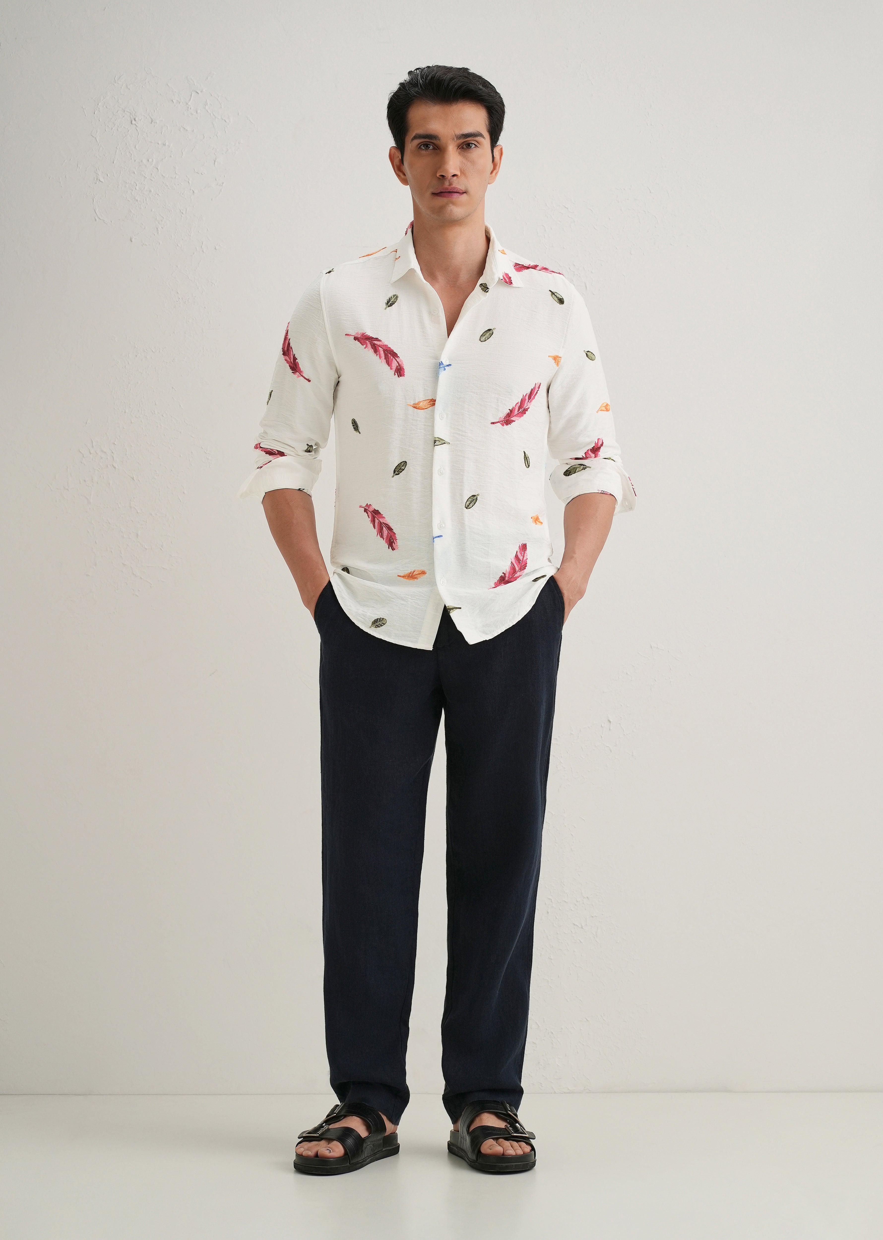 White Feather Leaf Embroidery Shirt