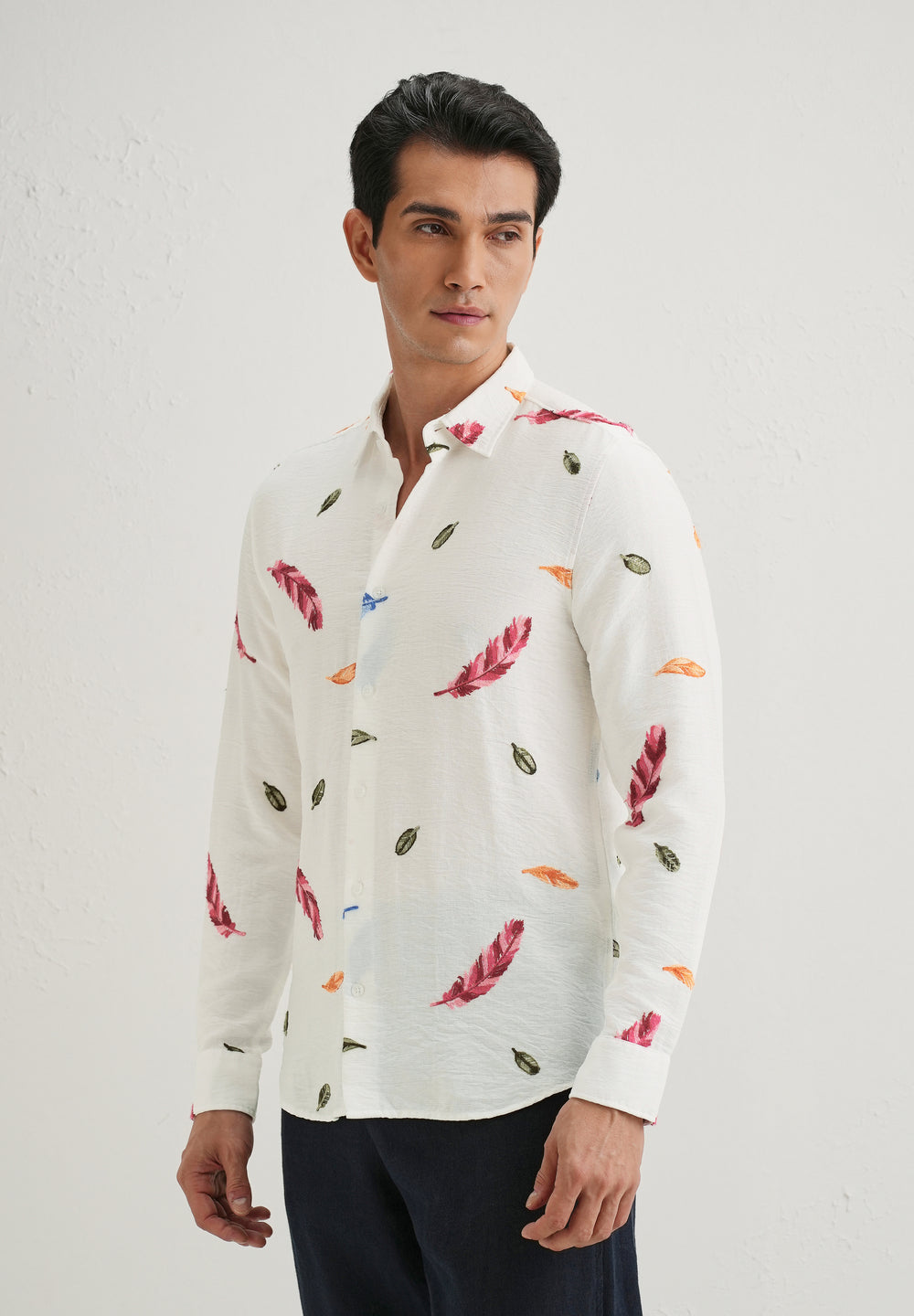 White Feather Leaf Embroidery Shirt