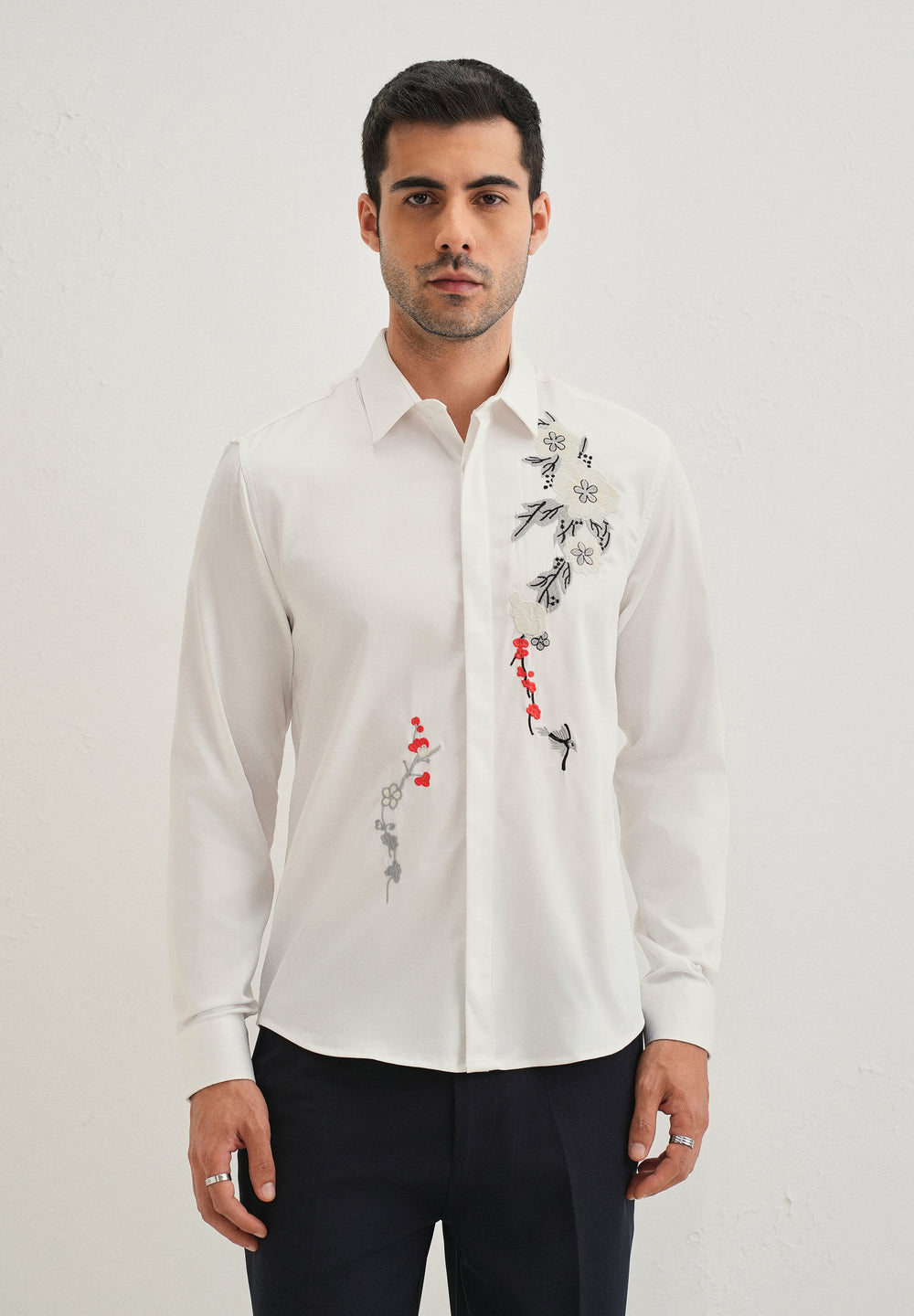 White Floral Embroidered Designer Shirt